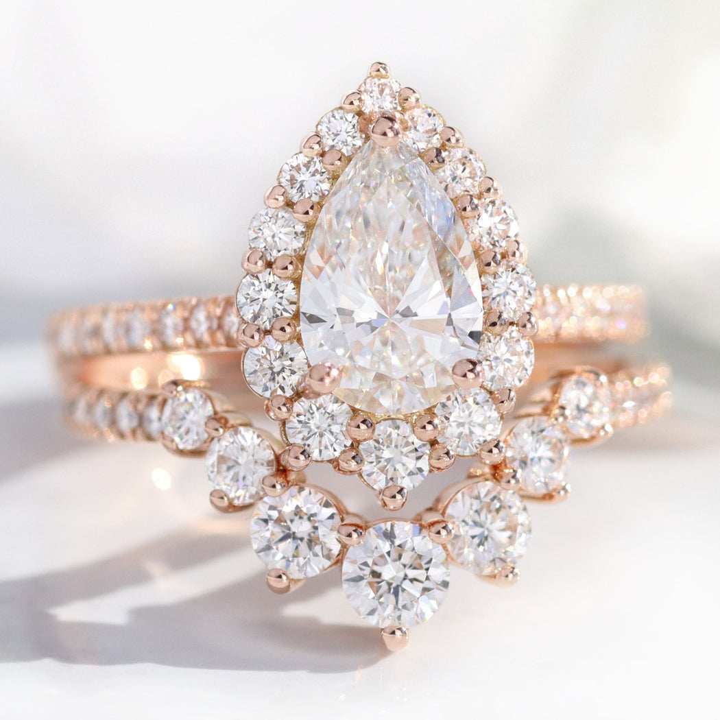 Pear Lab Diamond Pave Ring Halo Bridal Set Gold Curved Wedding Band ...