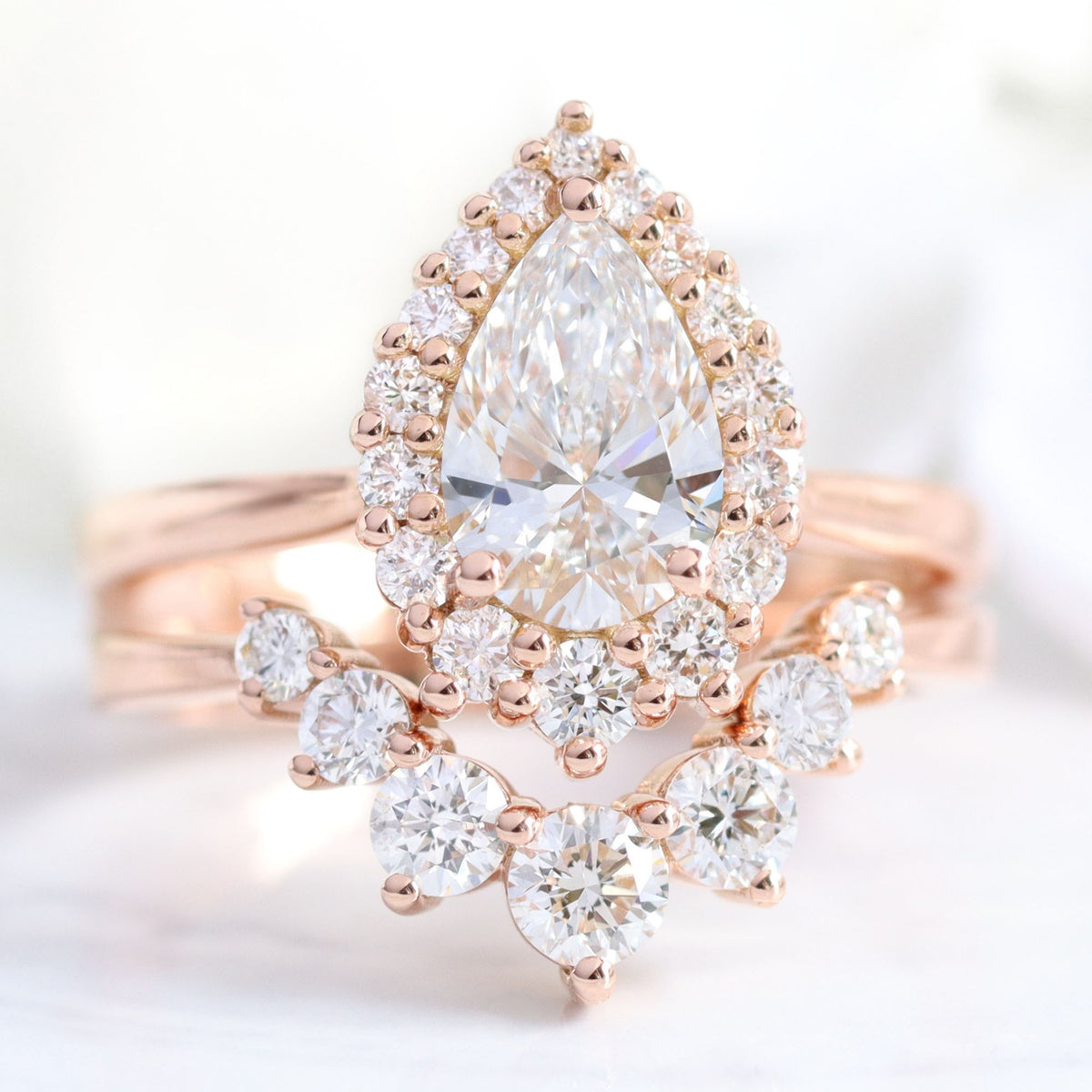 lab diamond ring stack rose gold pear diamond halo engagement ring set La More Design Jewelry