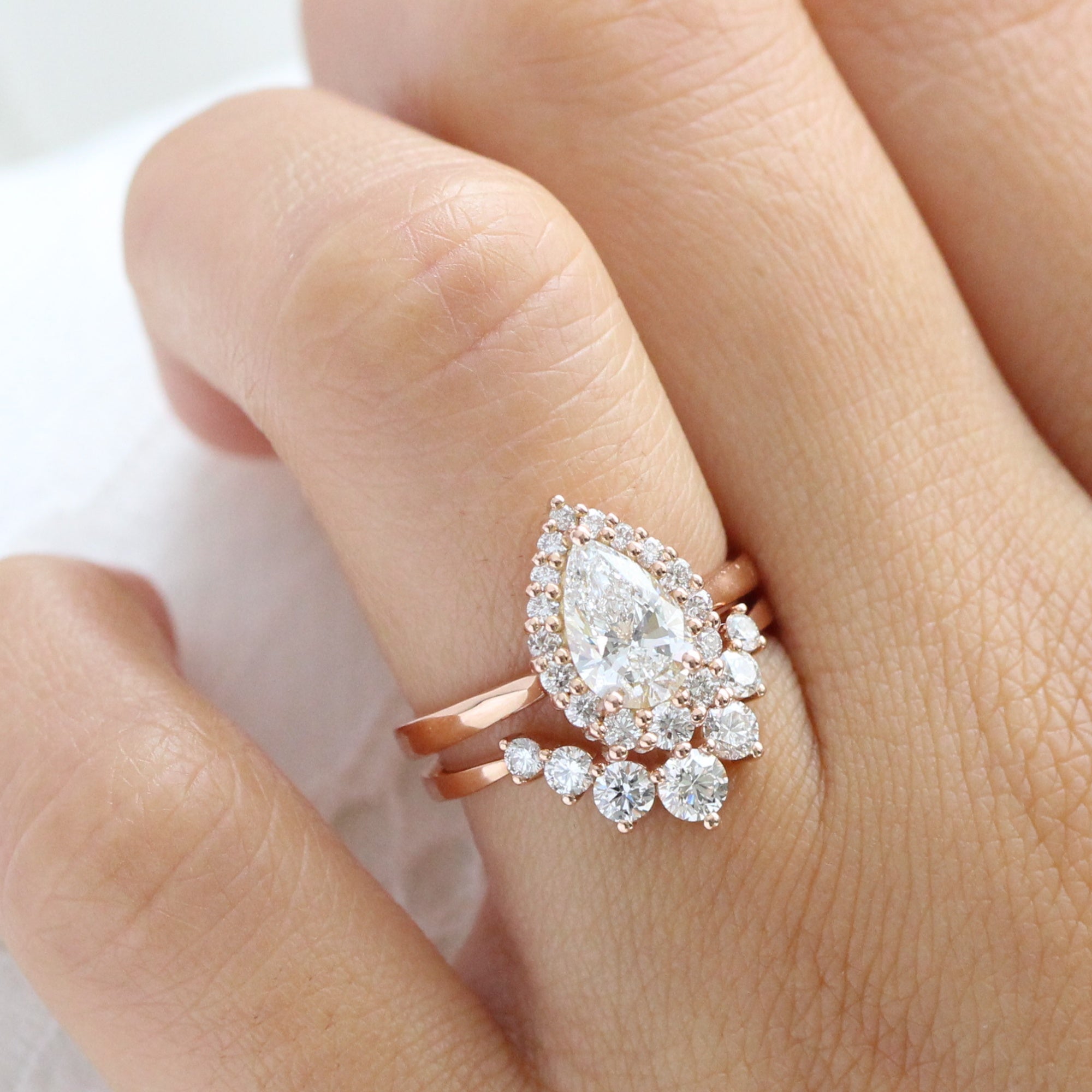 lab diamond ring stack rose gold pear diamond halo engagement ring set La More Design Jewelry