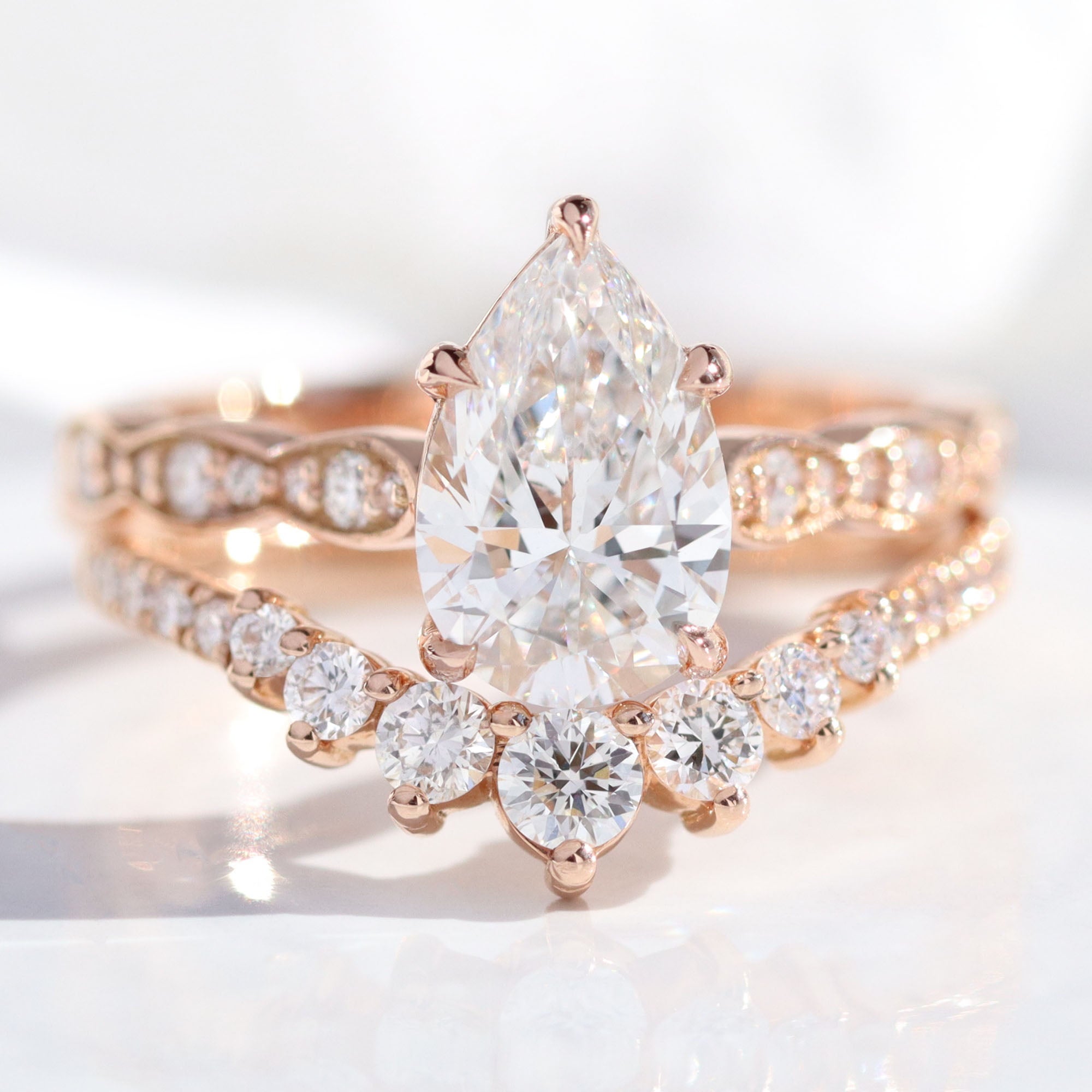 lab diamond ring stack rose gold pear diamond solitaire engagement ring set La More Design Jewelry