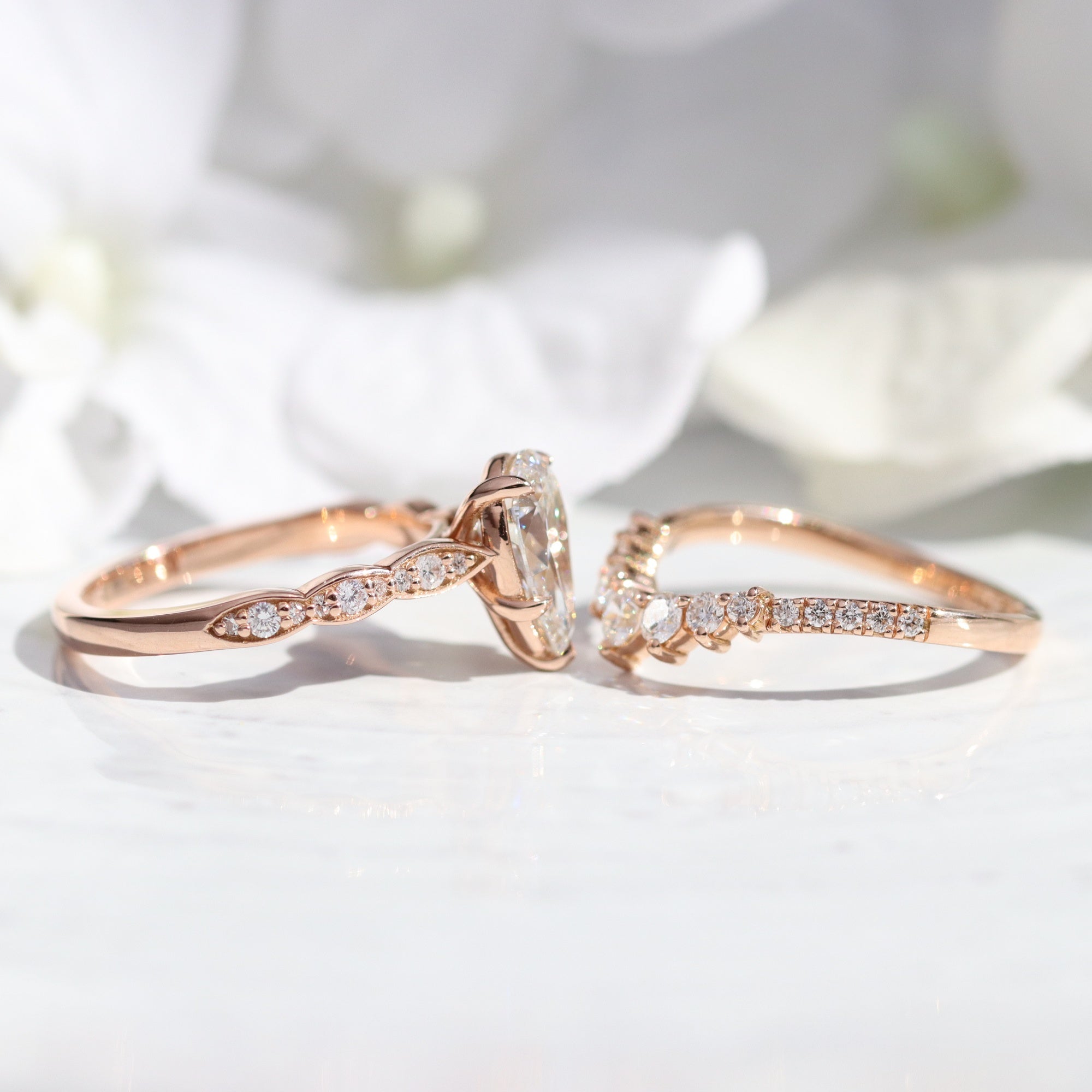 lab diamond ring stack rose gold pear diamond solitaire engagement ring set La More Design Jewelry