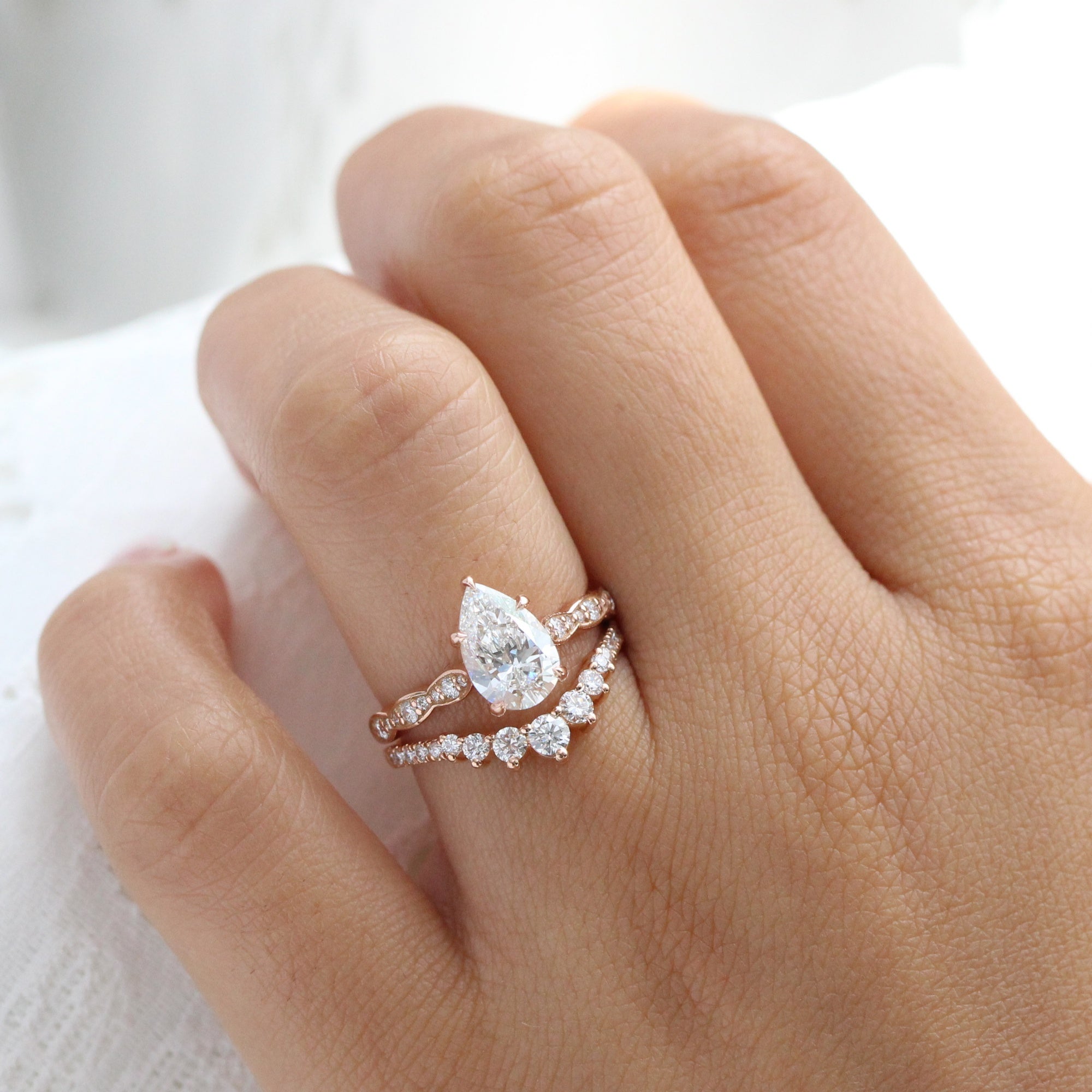 lab diamond ring stack rose gold pear diamond solitaire engagement ring set La More Design Jewelry