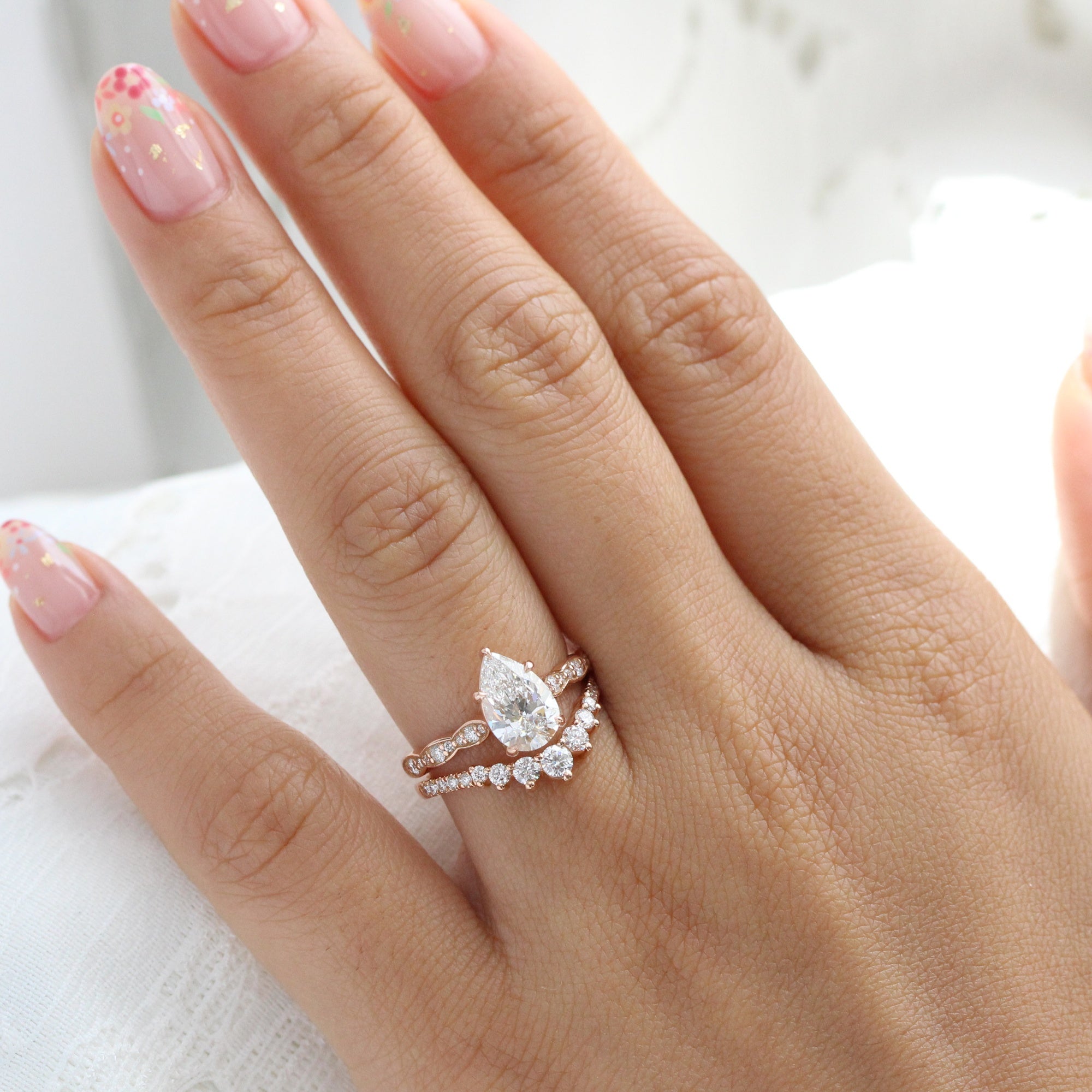 lab diamond ring stack rose gold pear diamond solitaire engagement ring set La More Design Jewelry