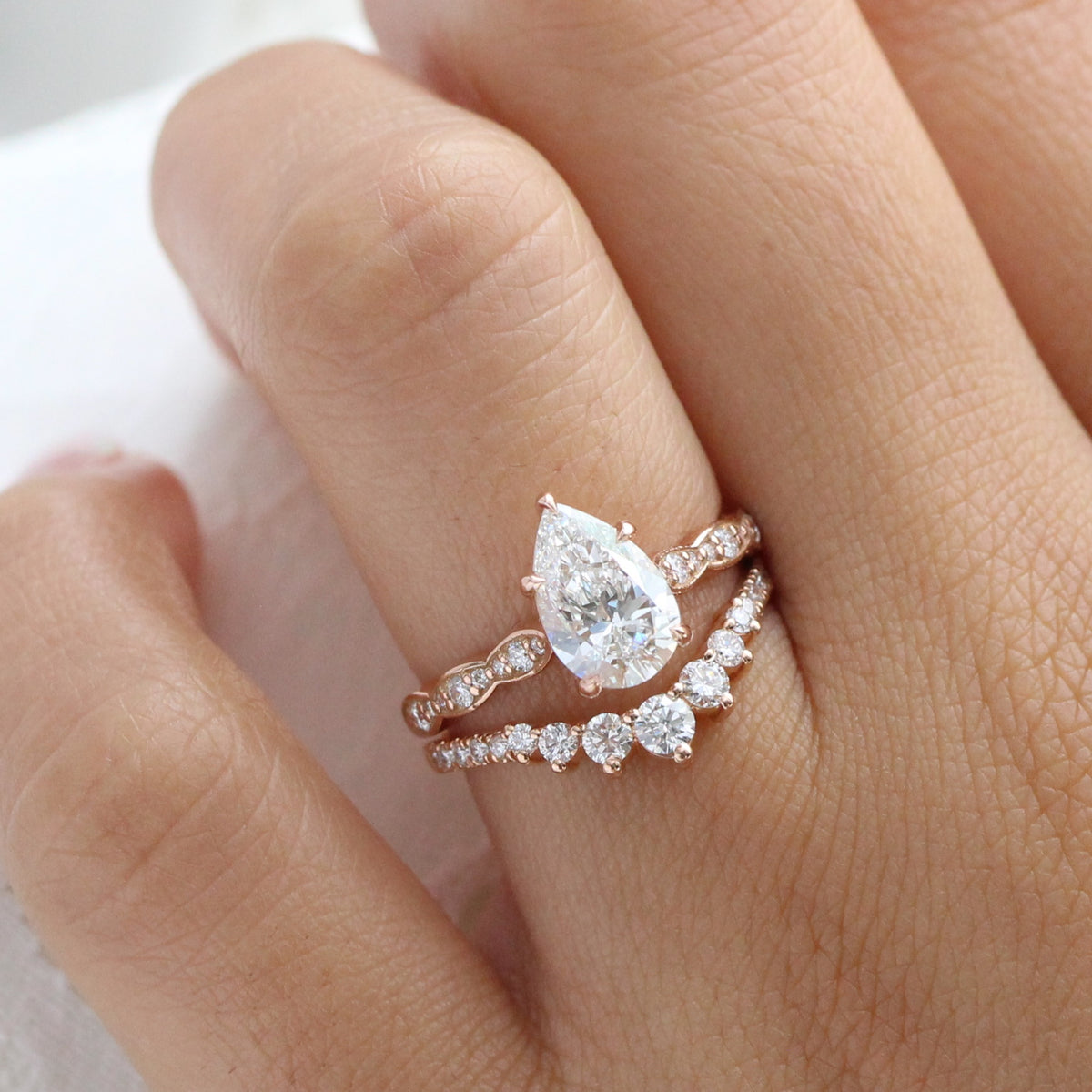 lab diamond ring stack rose gold pear diamond solitaire engagement ring set La More Design Jewelry