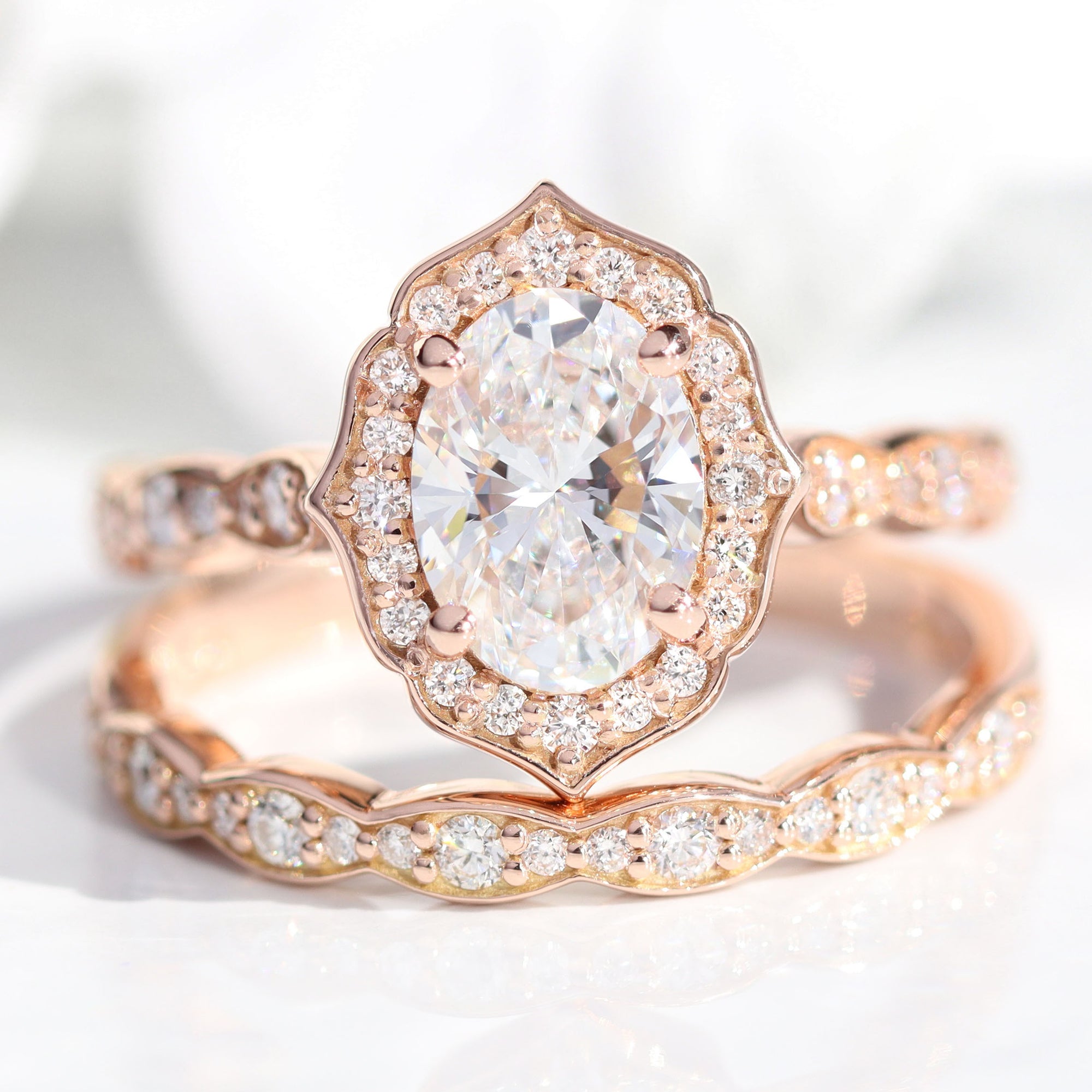 lab diamond ring stack rose gold vintage halo oval diamond engagement ring set La More Design Jewelry