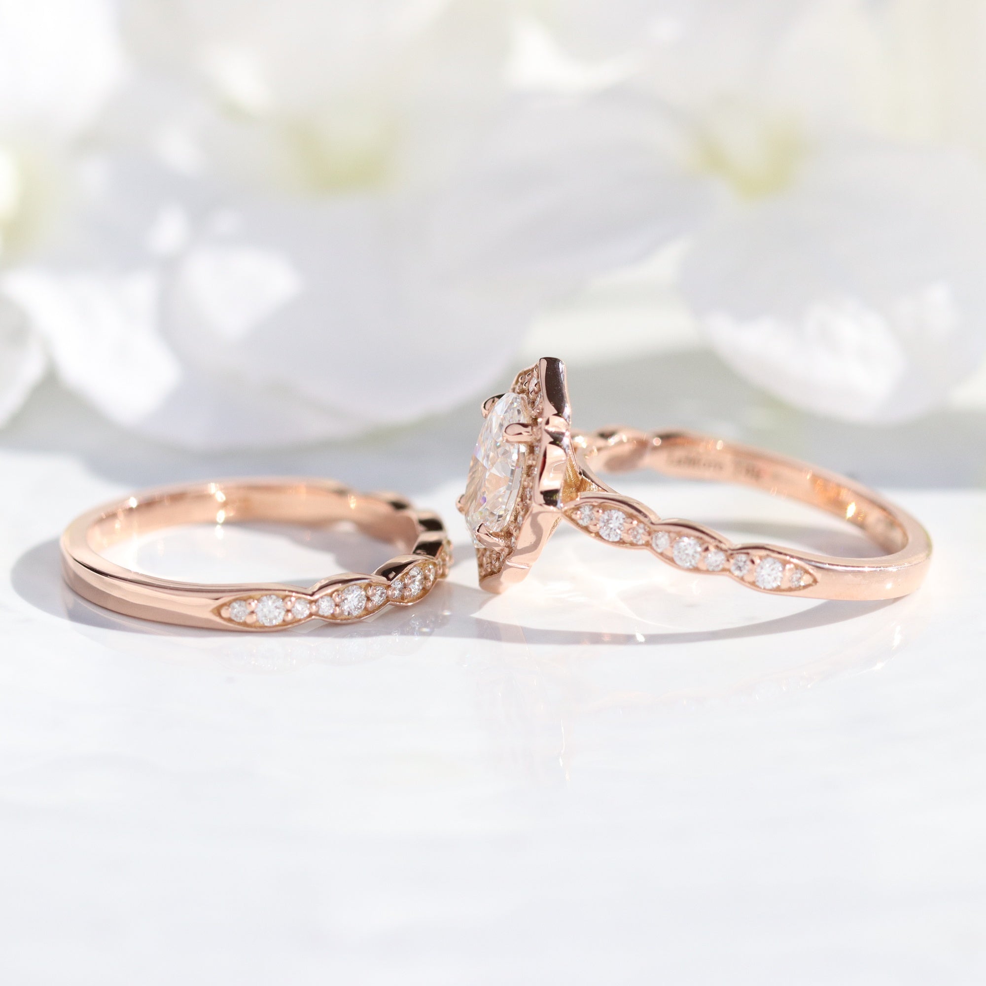 lab diamond ring stack rose gold vintage halo oval diamond engagement ring set La More Design Jewelry