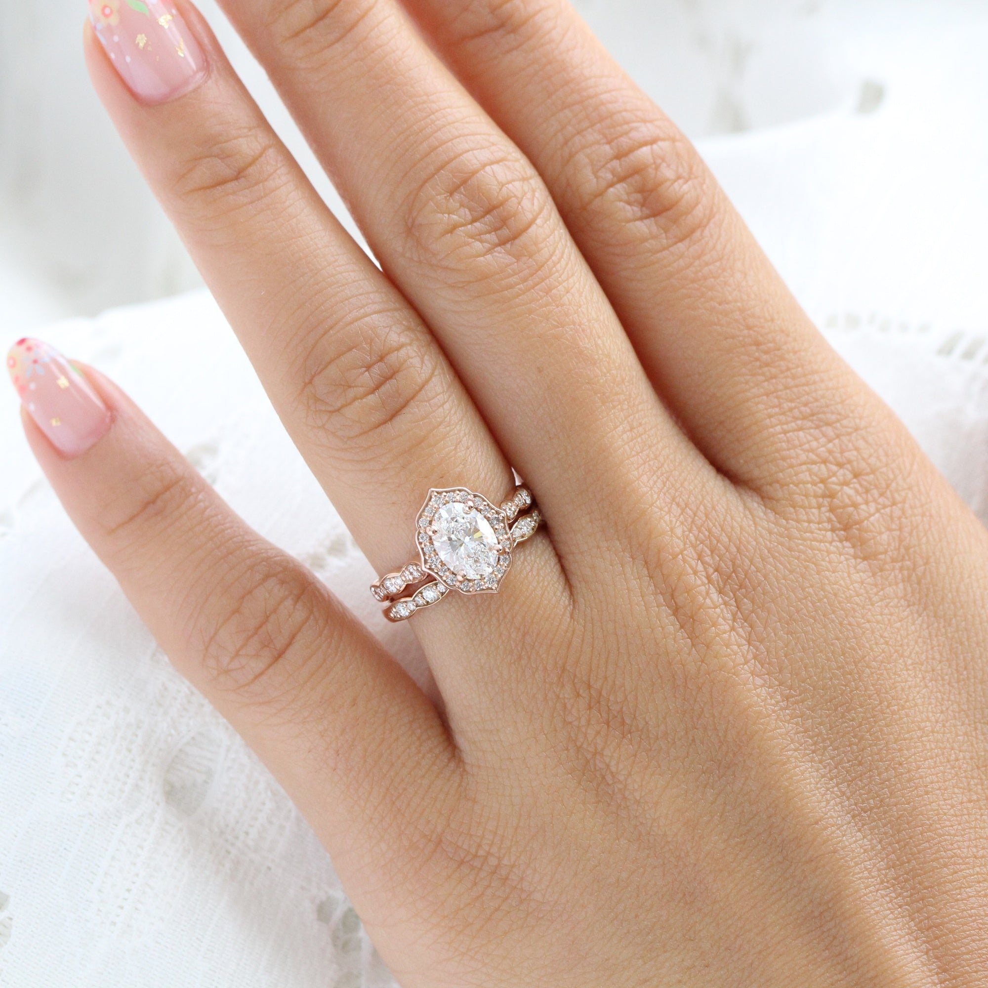 lab diamond ring stack rose gold vintage halo oval diamond engagement ring set La More Design Jewelry