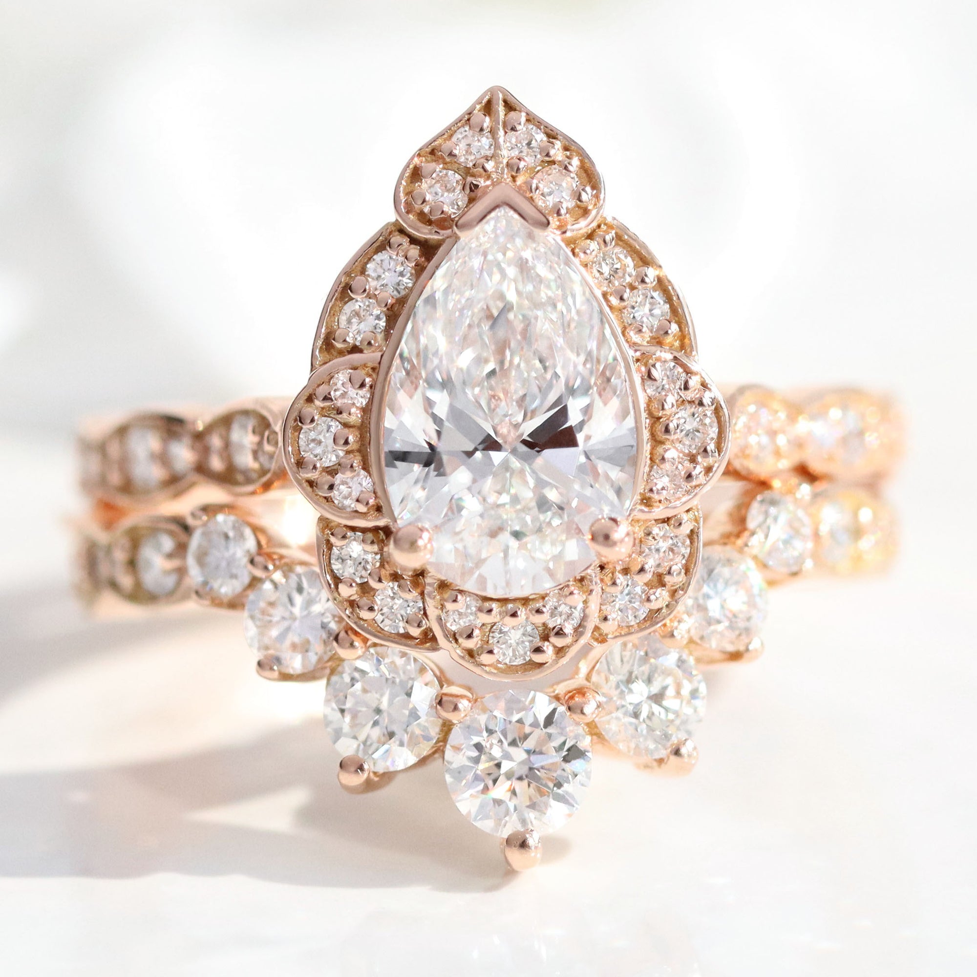 lab diamond ring stack rose gold vintage halo pear diamond engagement ring set La More Design Jewelry