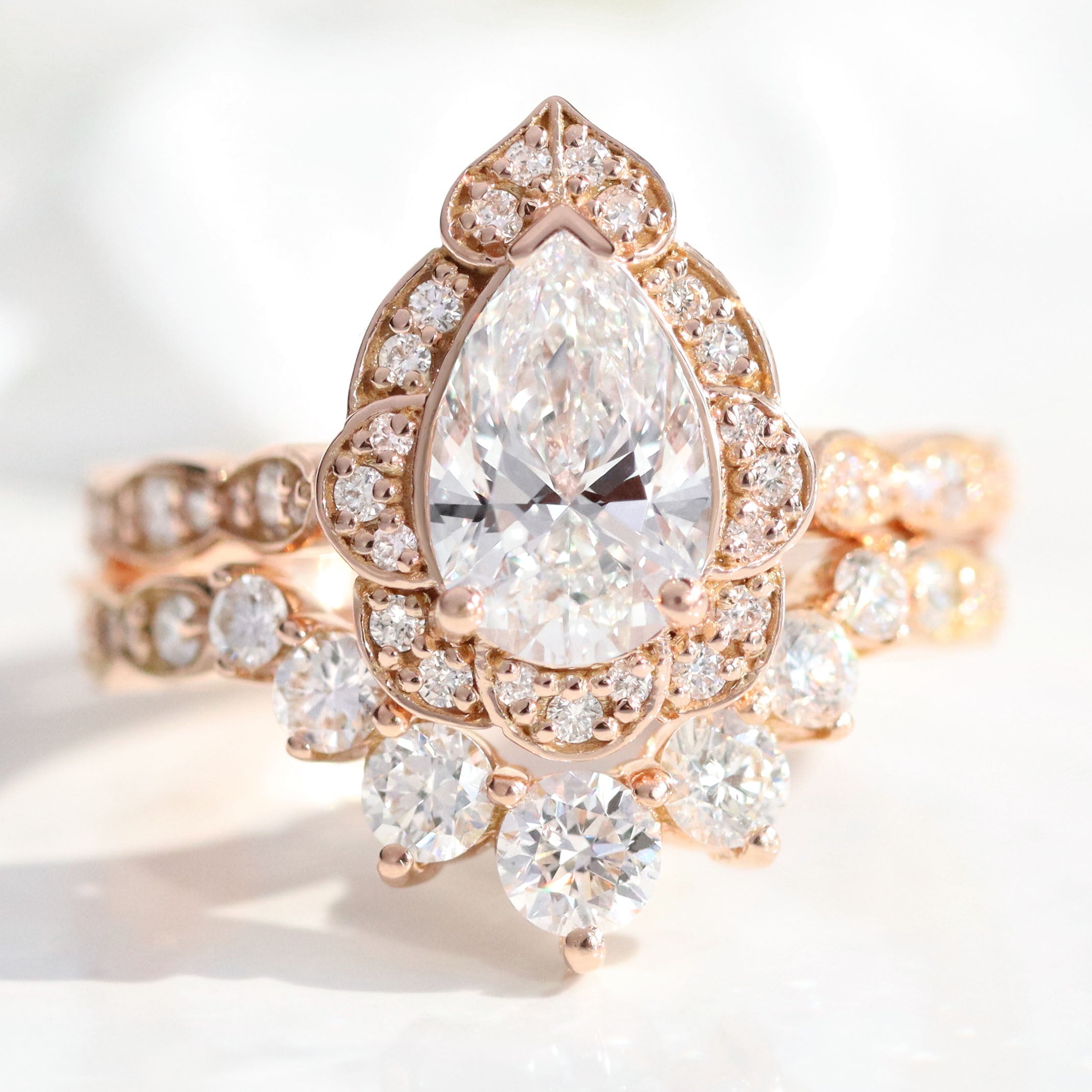 lab diamond ring stack rose gold vintage halo pear diamond engagement ring set La More Design Jewelry