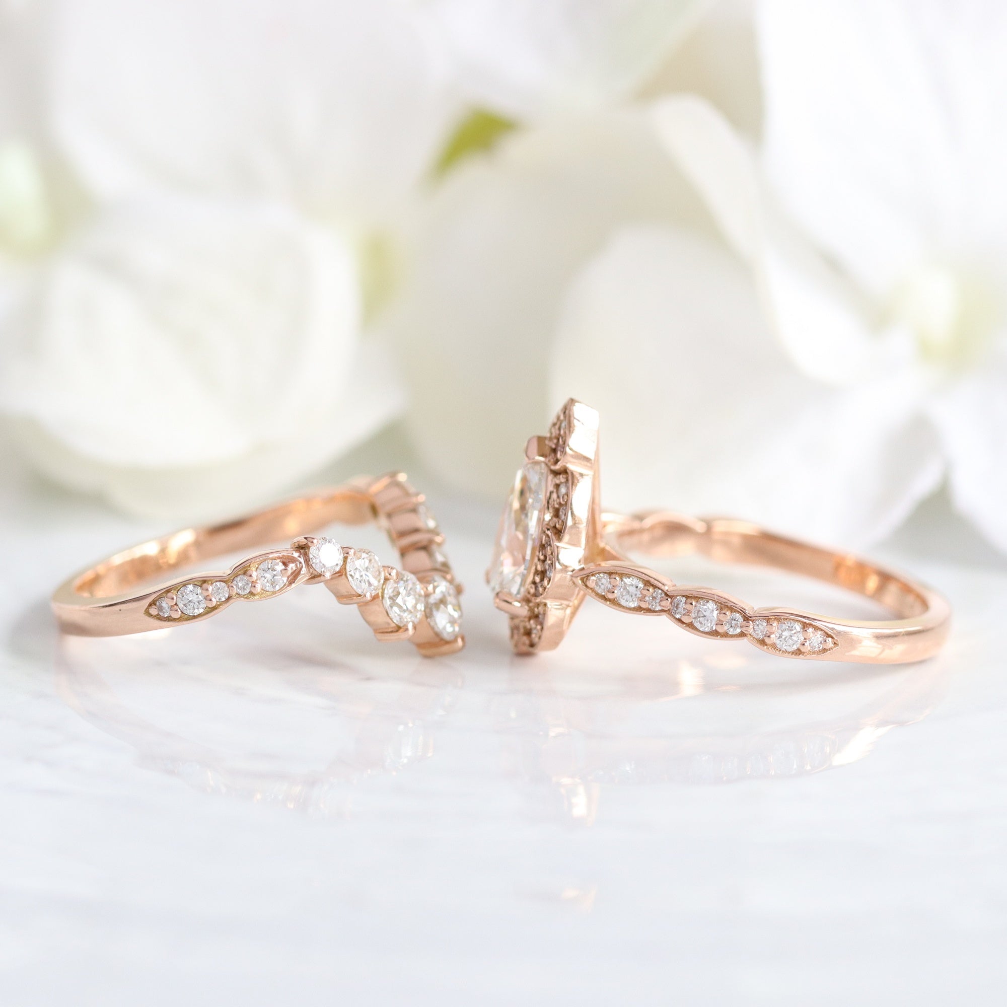 lab diamond ring stack rose gold vintage halo pear diamond engagement ring set La More Design Jewelry