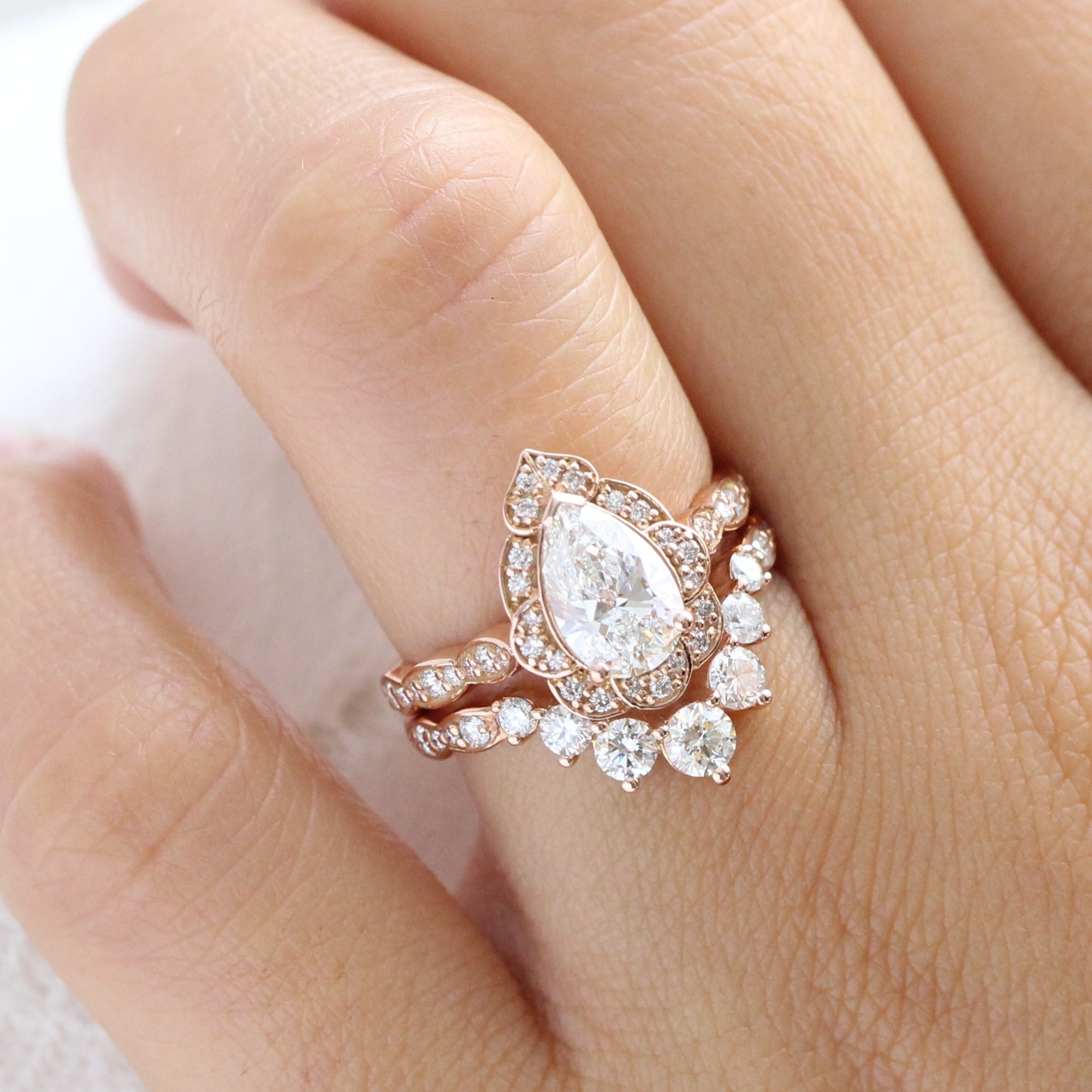 lab diamond ring stack rose gold vintage halo pear diamond engagement ring set La More Design Jewelry