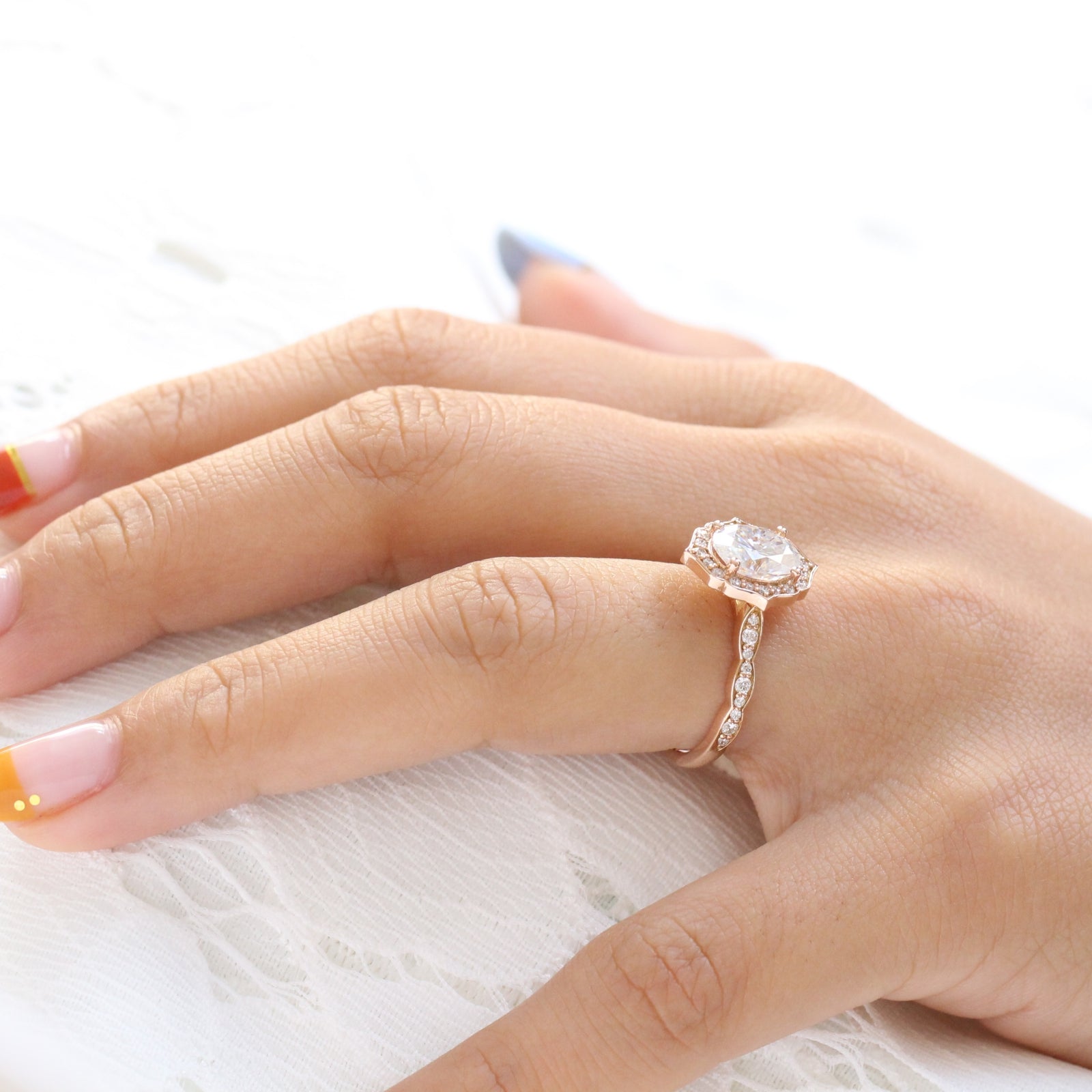 large moissanite diamond engagement ring rose gold vintage floral ring by la more design jewelry