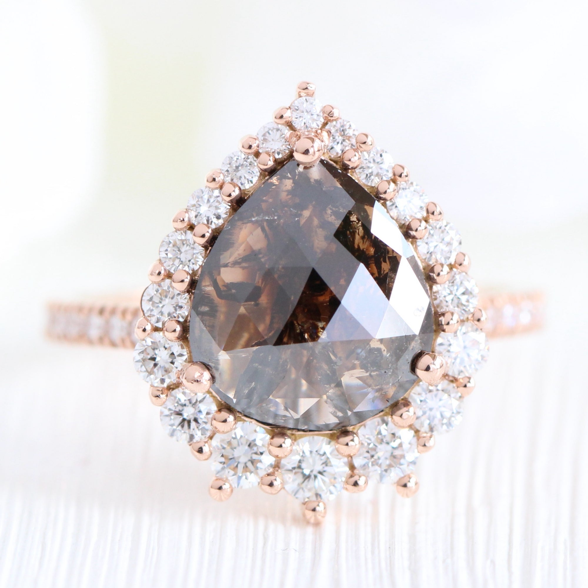 large champagne diamond ring rose gold halo pear ring la more design jewelry