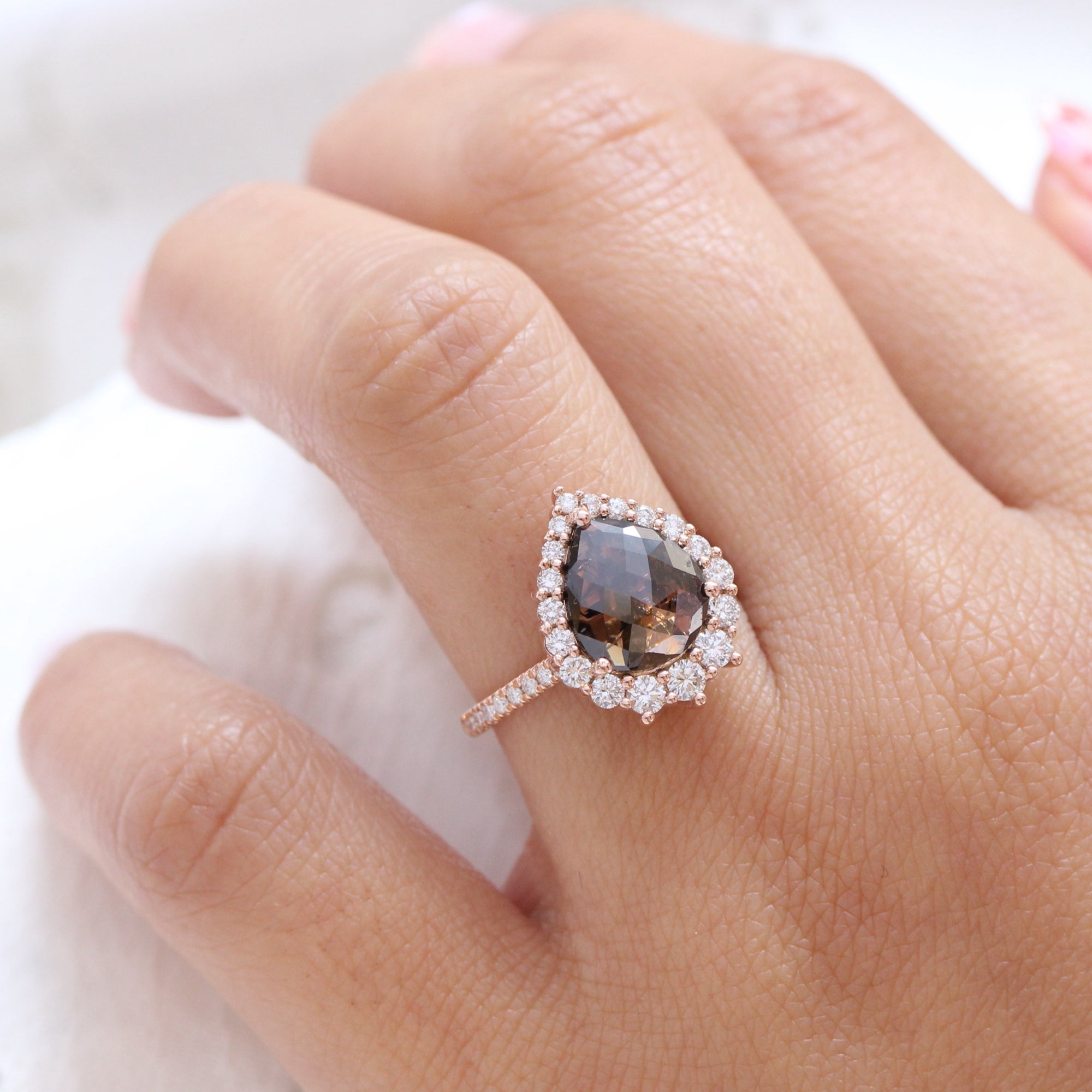 large champagne diamond ring rose gold halo pear ring la more design jewelry