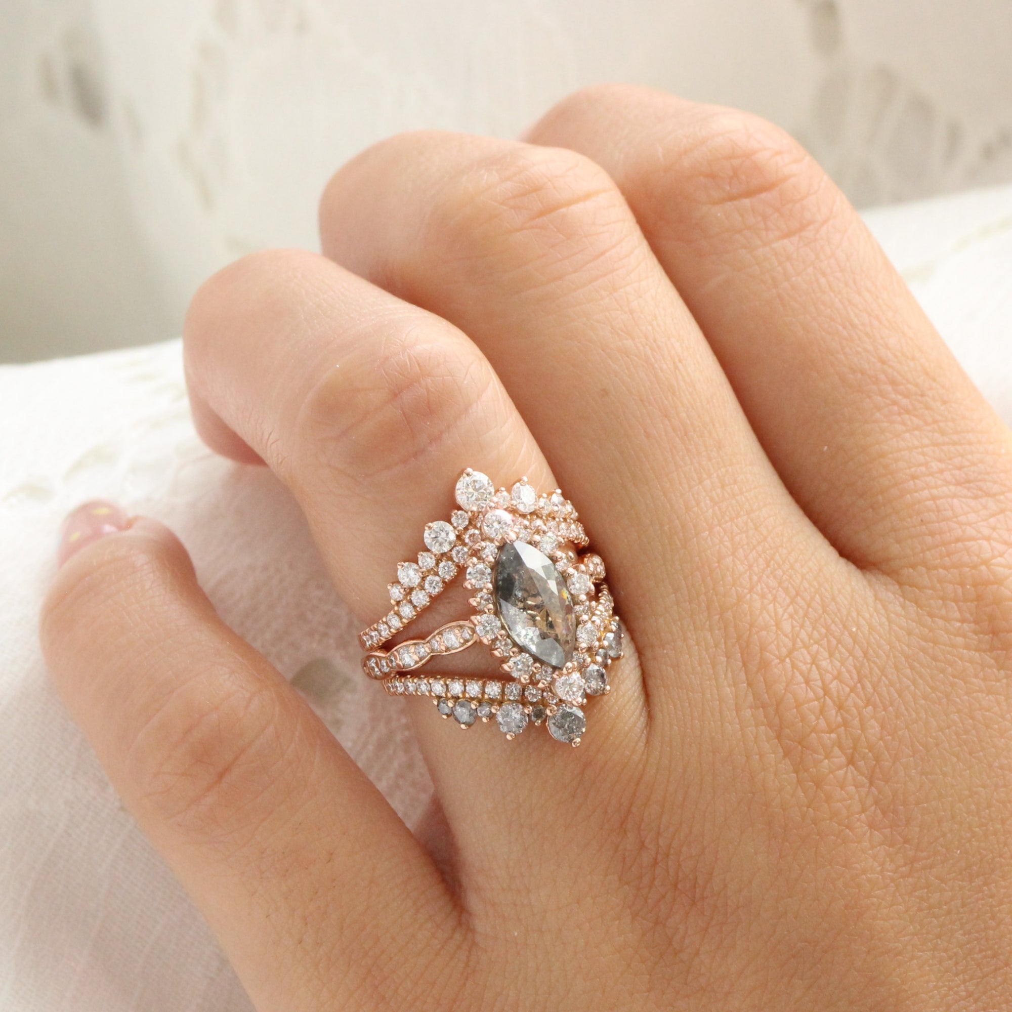 large marquise salt and pepper diamond engagement ring rose gold halo diamond ring la more design jewelry