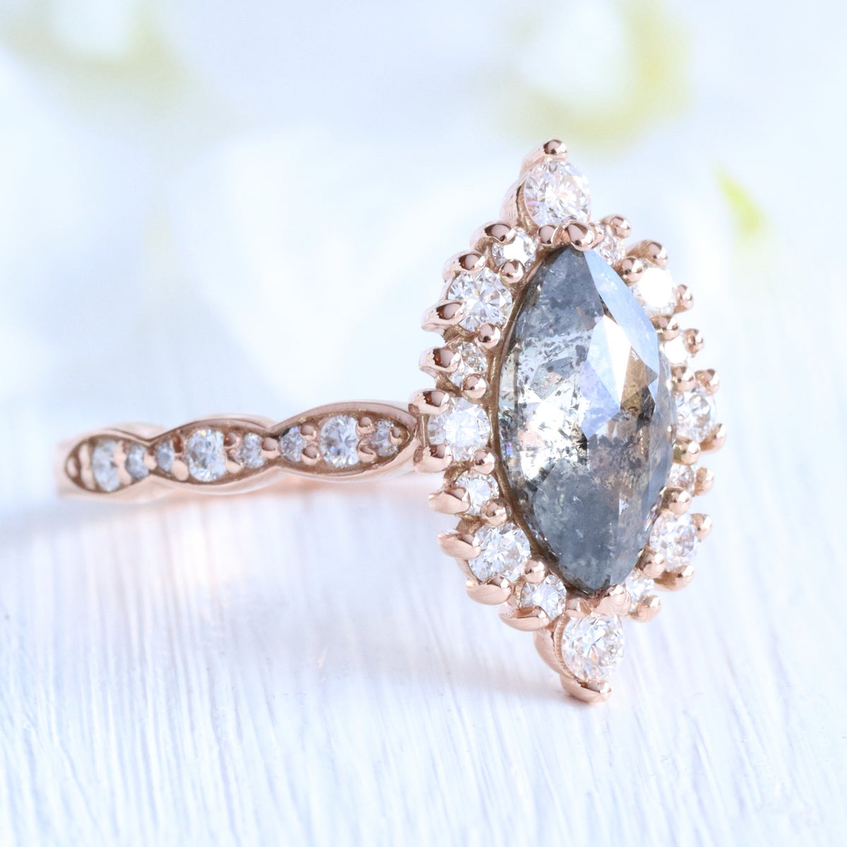 Unique Marquise Salt and Pepper Diamond Engagement Ring Rose Gold | La ...