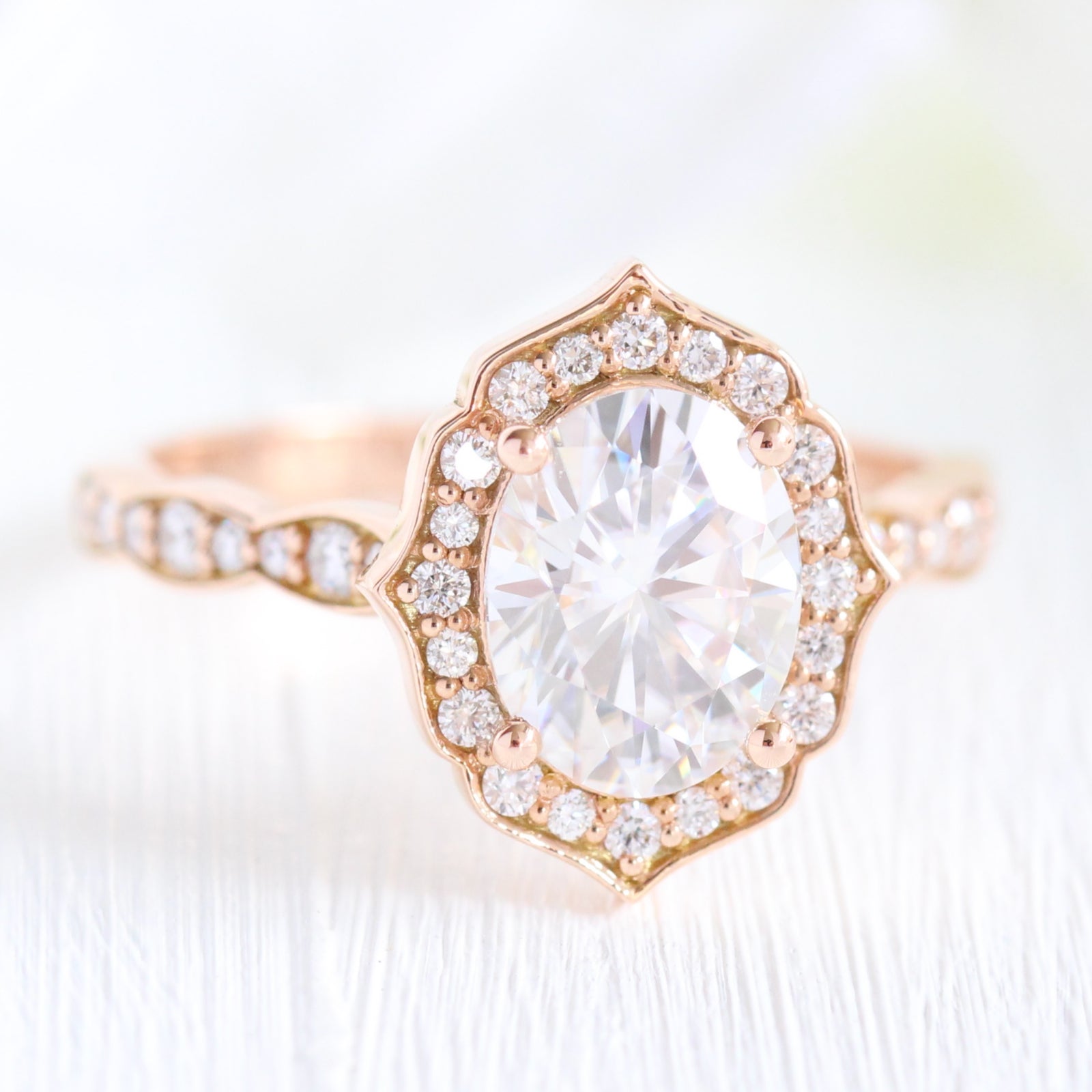 large moissanite diamond engagement ring rose gold vintage floral ring by la more design jewelry