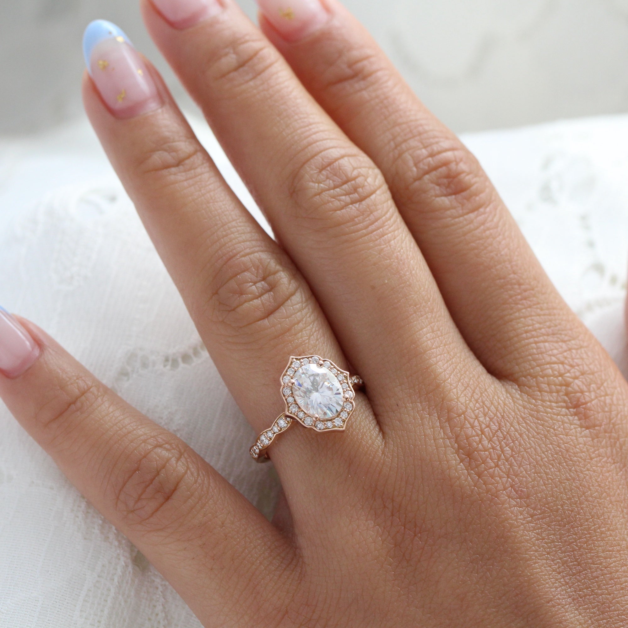 large moissanite diamond engagement ring rose gold vintage floral ring by la more design jewelry