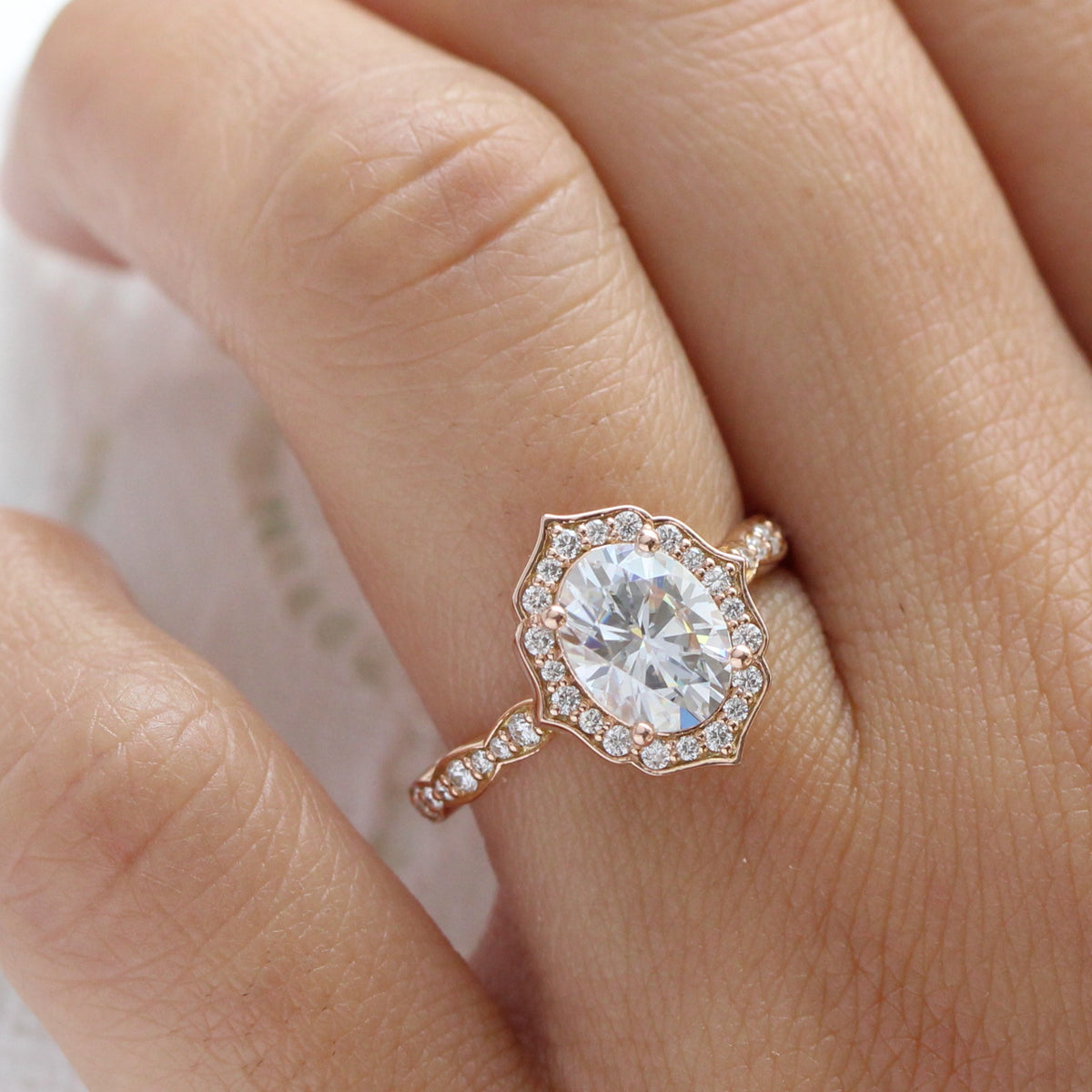 large moissanite diamond engagement ring rose gold vintage floral ring by la more design jewelry
