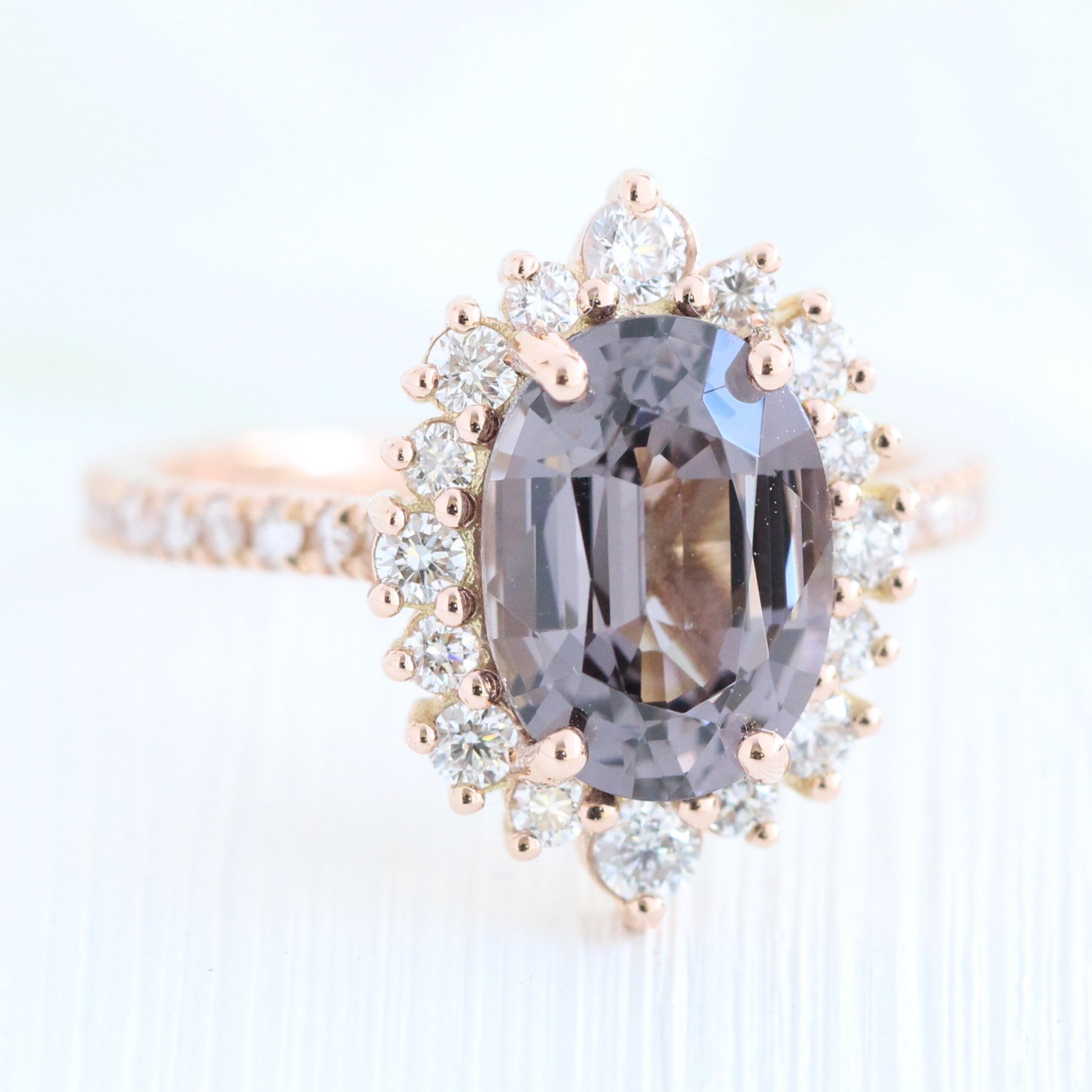 large oval grey spinel ring rose gold halo diamond engagement ring la more design jewelry