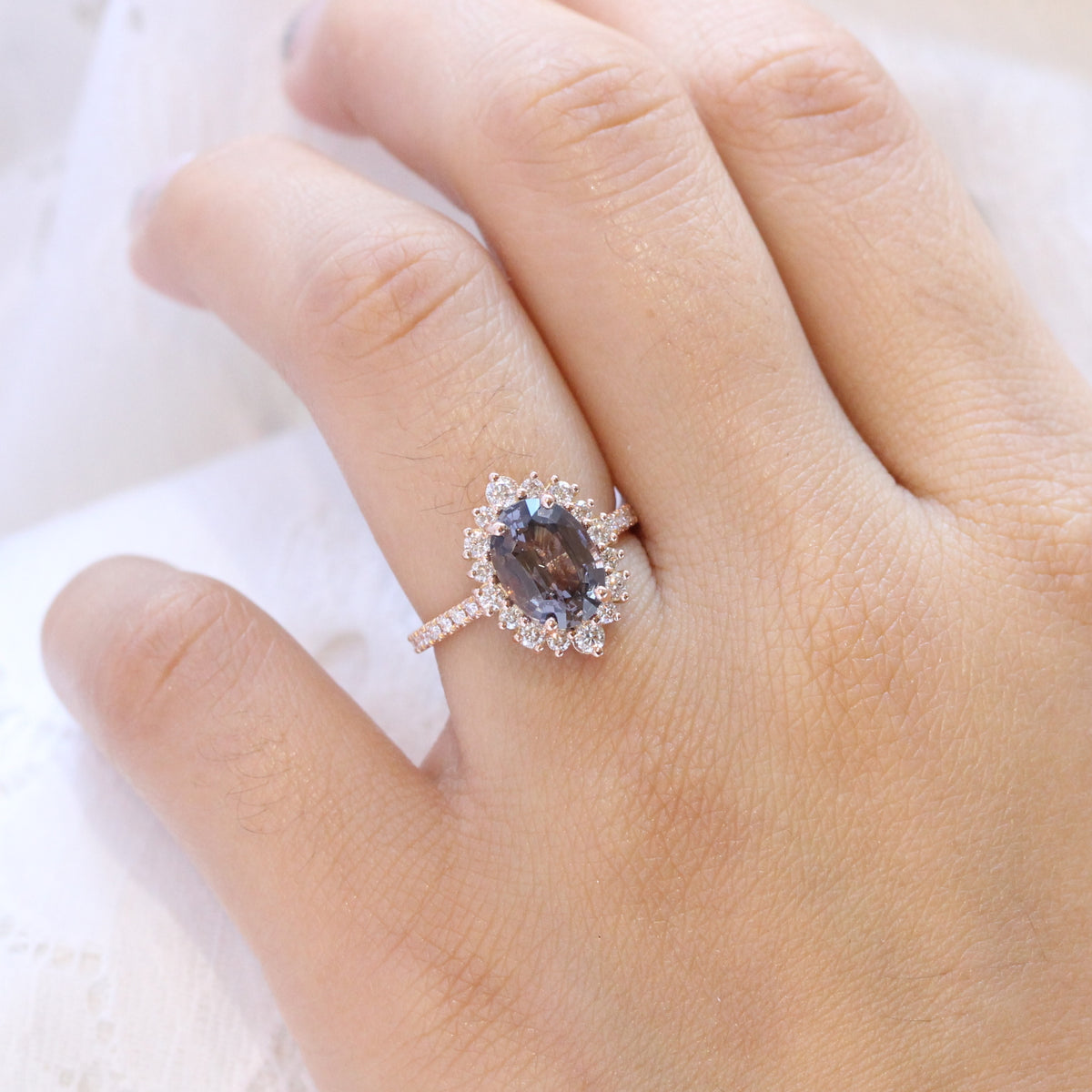 large oval grey spinel ring rose gold halo diamond engagement ring la more design jewelry