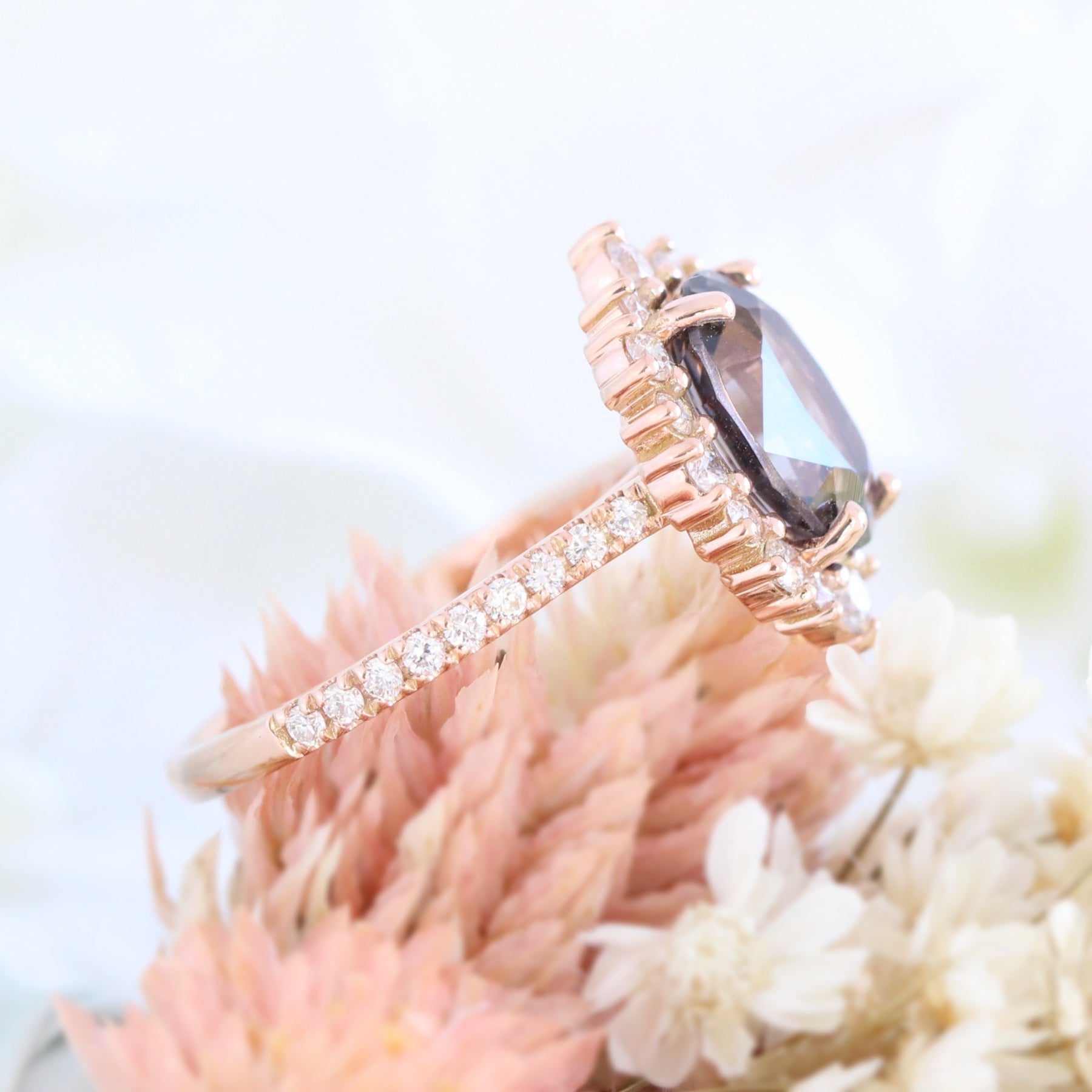 large oval grey spinel ring rose gold halo diamond engagement ring la more design jewelry