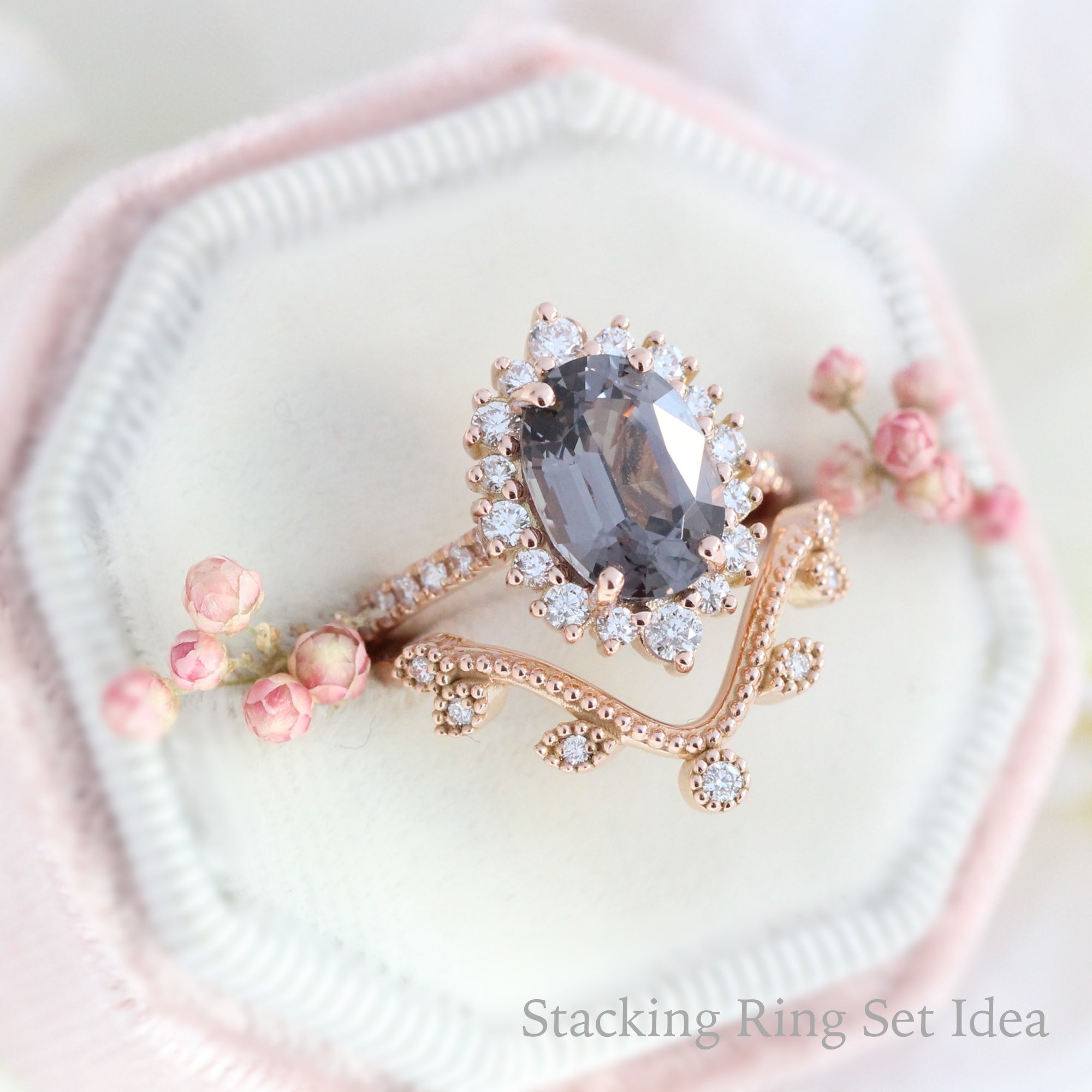 large oval grey spinel ring rose gold halo diamond engagement ring stacking ring bridal set la more design jewelry