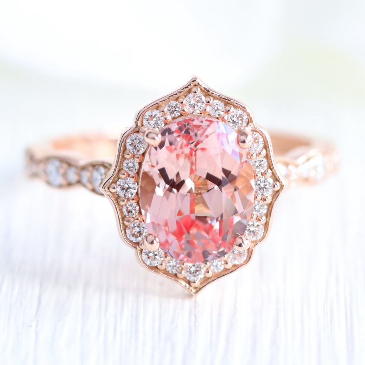 large oval peach sapphire engagement ring rose gold vintage halo diamond ring la more design jewelry