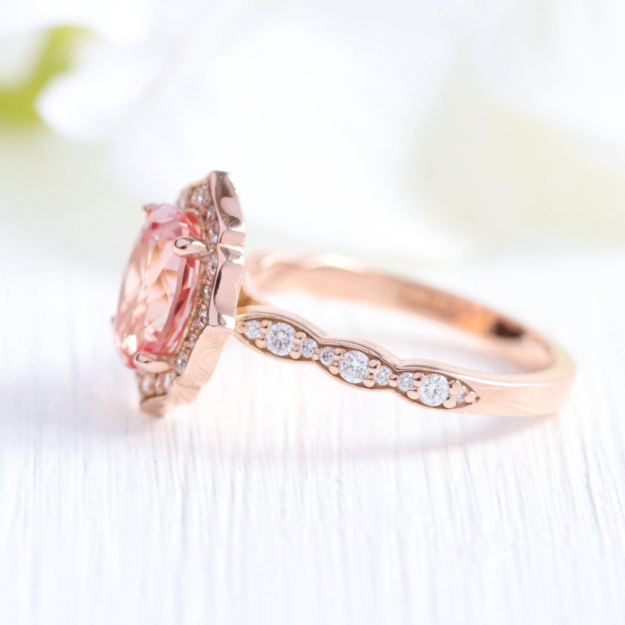 large oval peach sapphire engagement ring rose gold vintage halo diamond ring la more design jewelry
