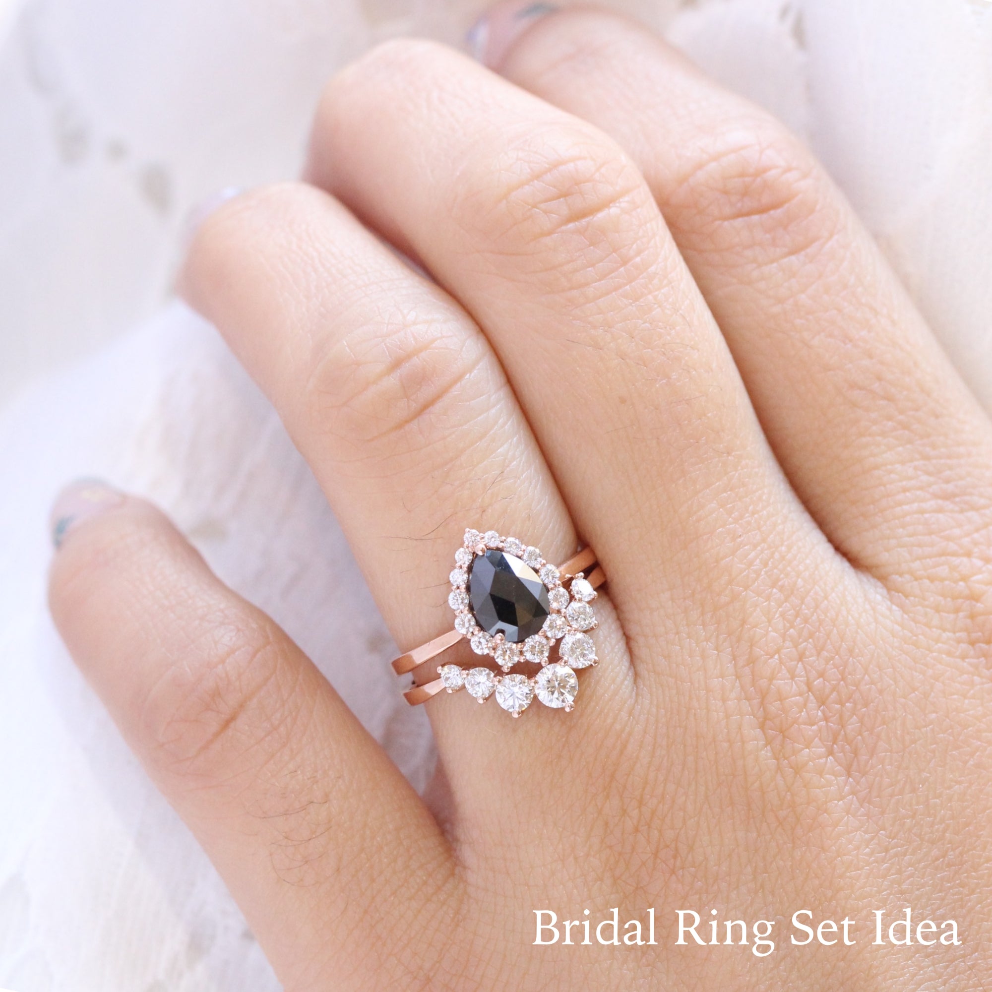 large pear black diamond ring rose gold halo diamond ring bridal set by la more design jewelry