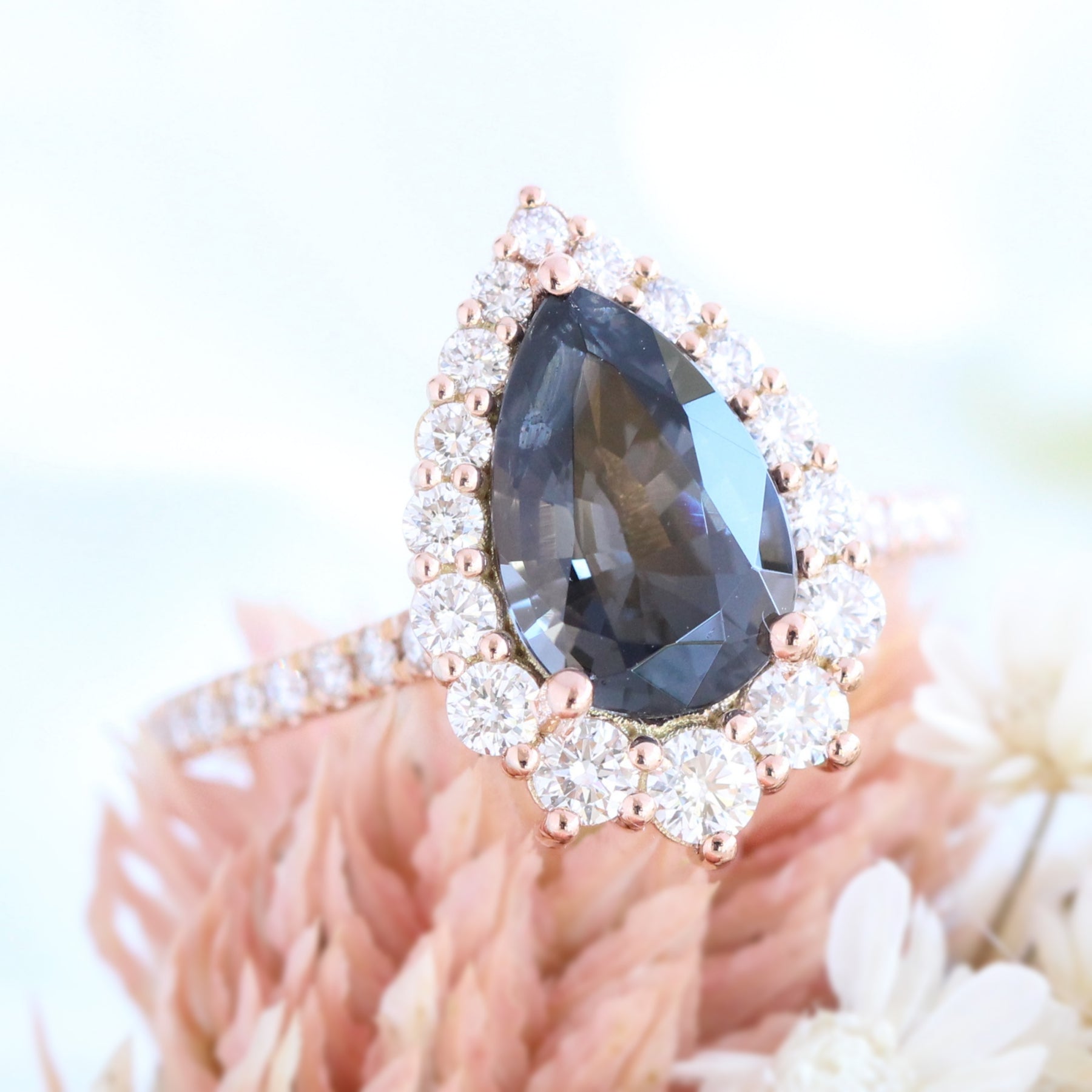 large pear grey spinel ring rose gold halo diamond engagement ring la more design jewelry