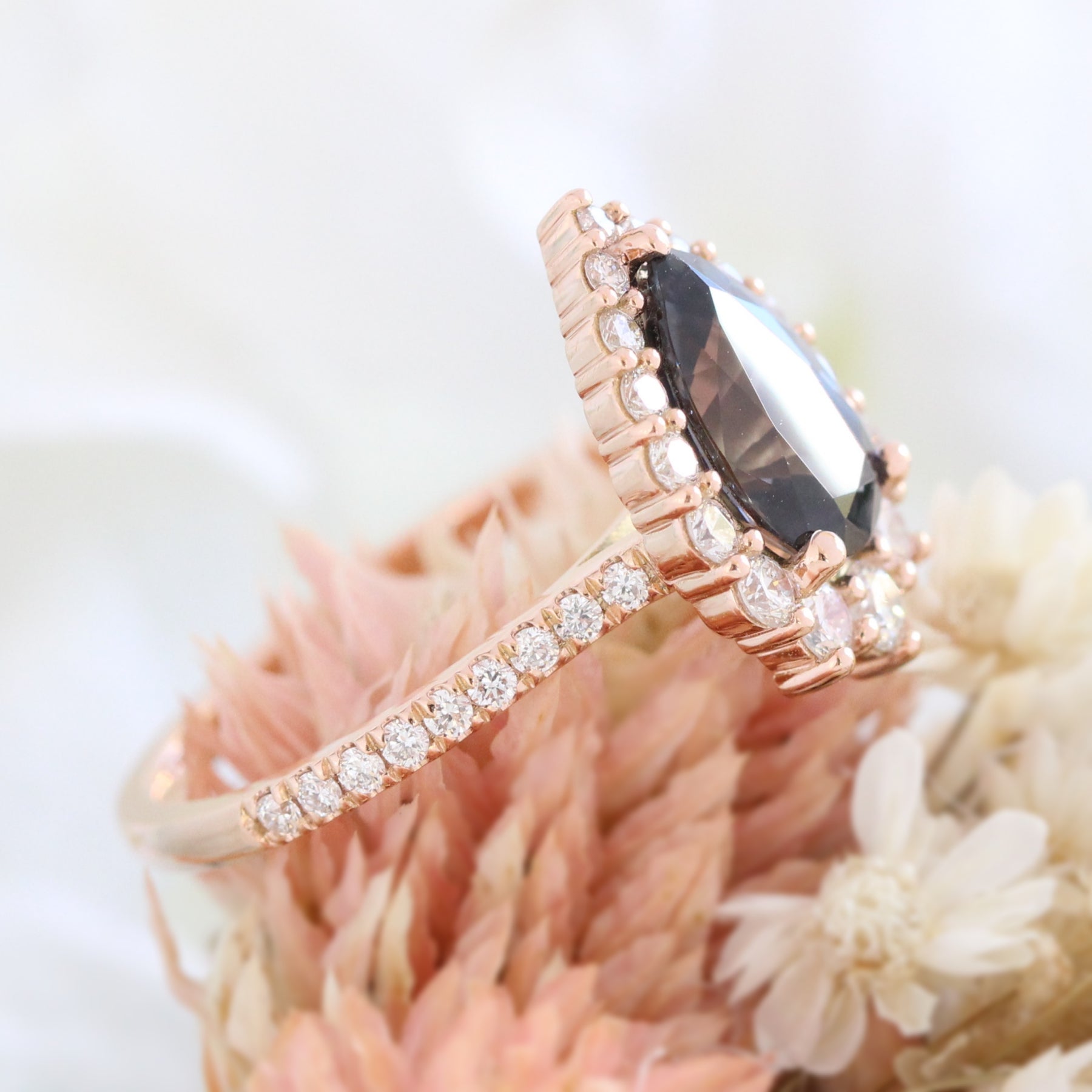 large pear grey spinel ring rose gold halo diamond engagement ring la more design jewelry