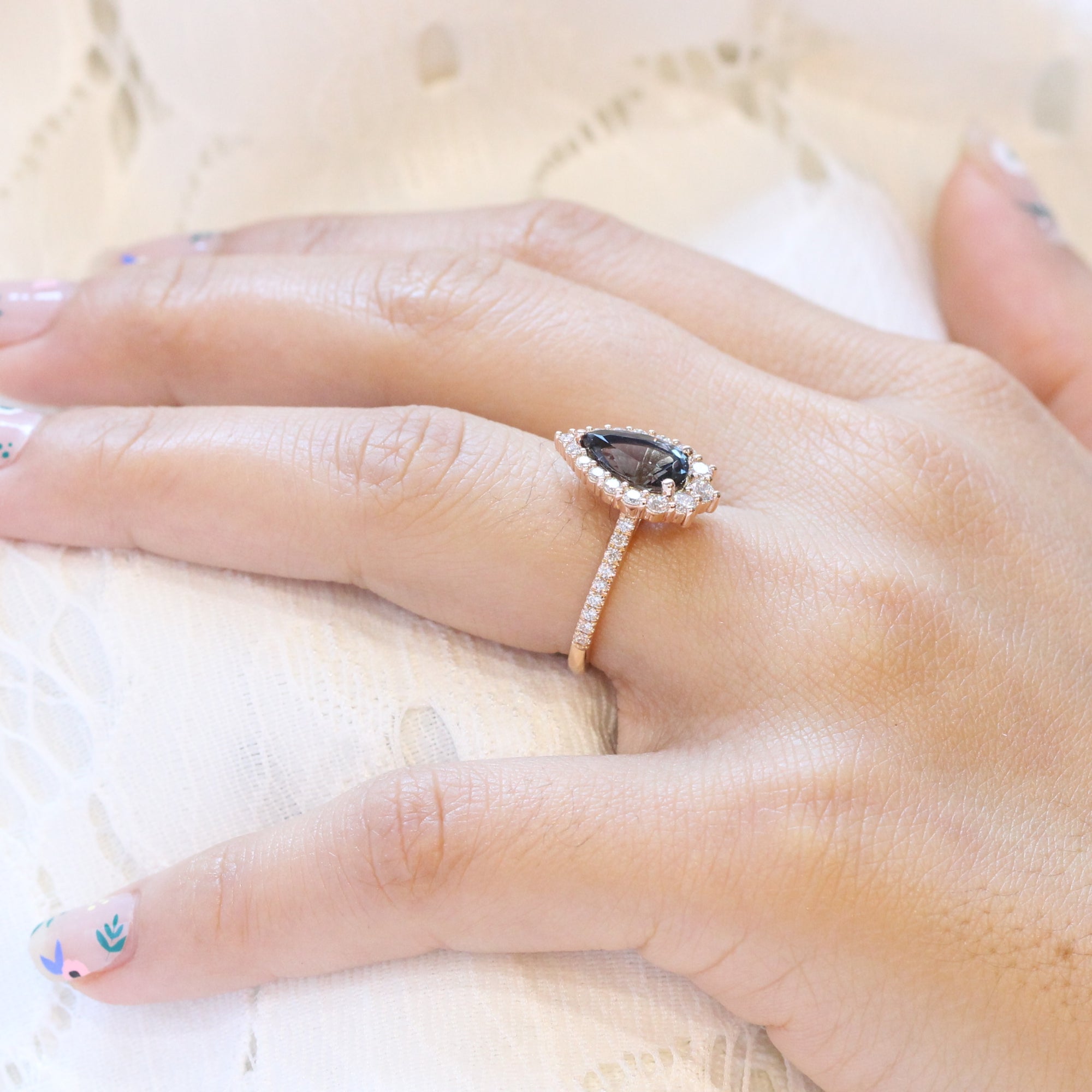large pear grey spinel ring rose gold halo diamond engagement ring la more design jewelry