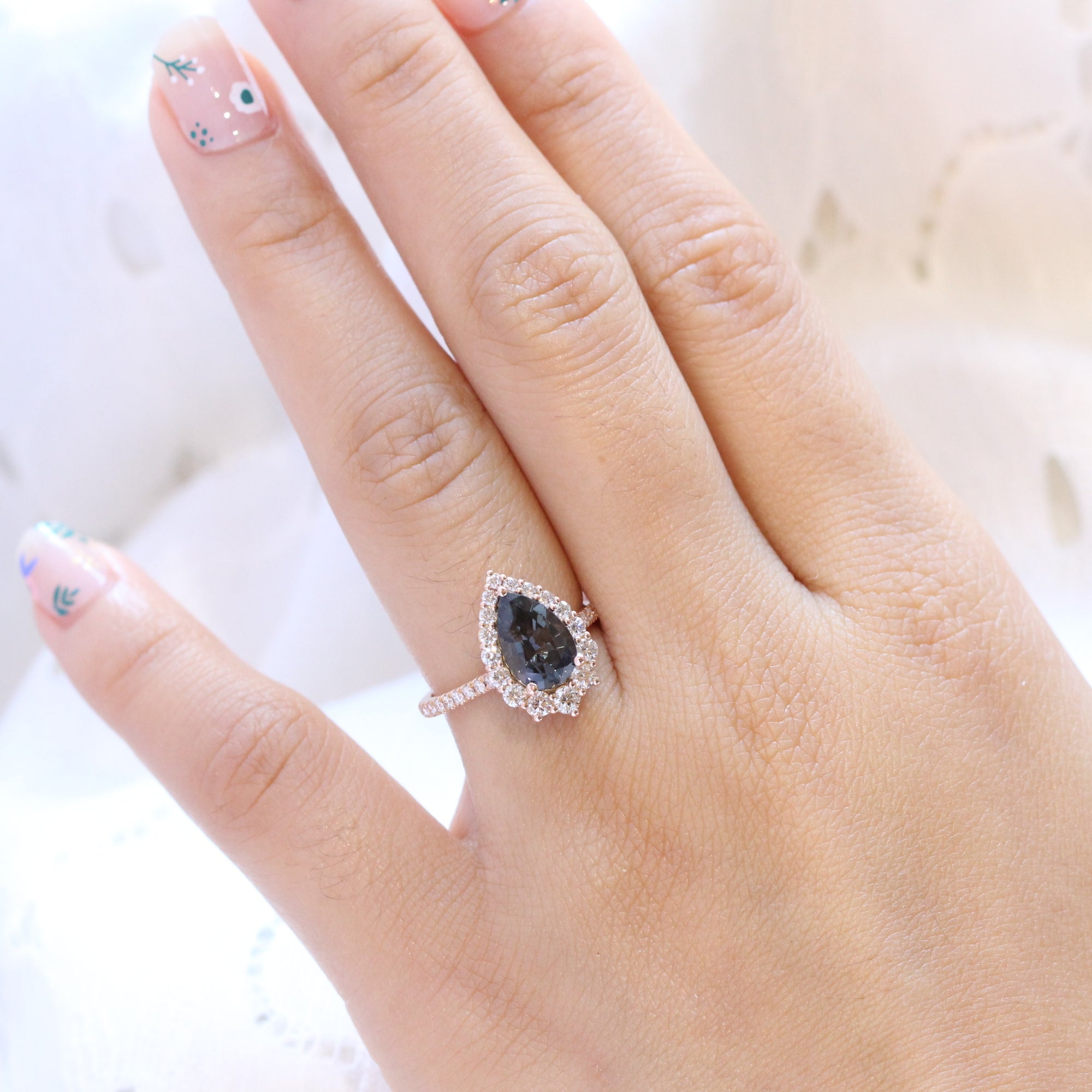large pear grey spinel ring rose gold halo diamond engagement ring la more design jewelry