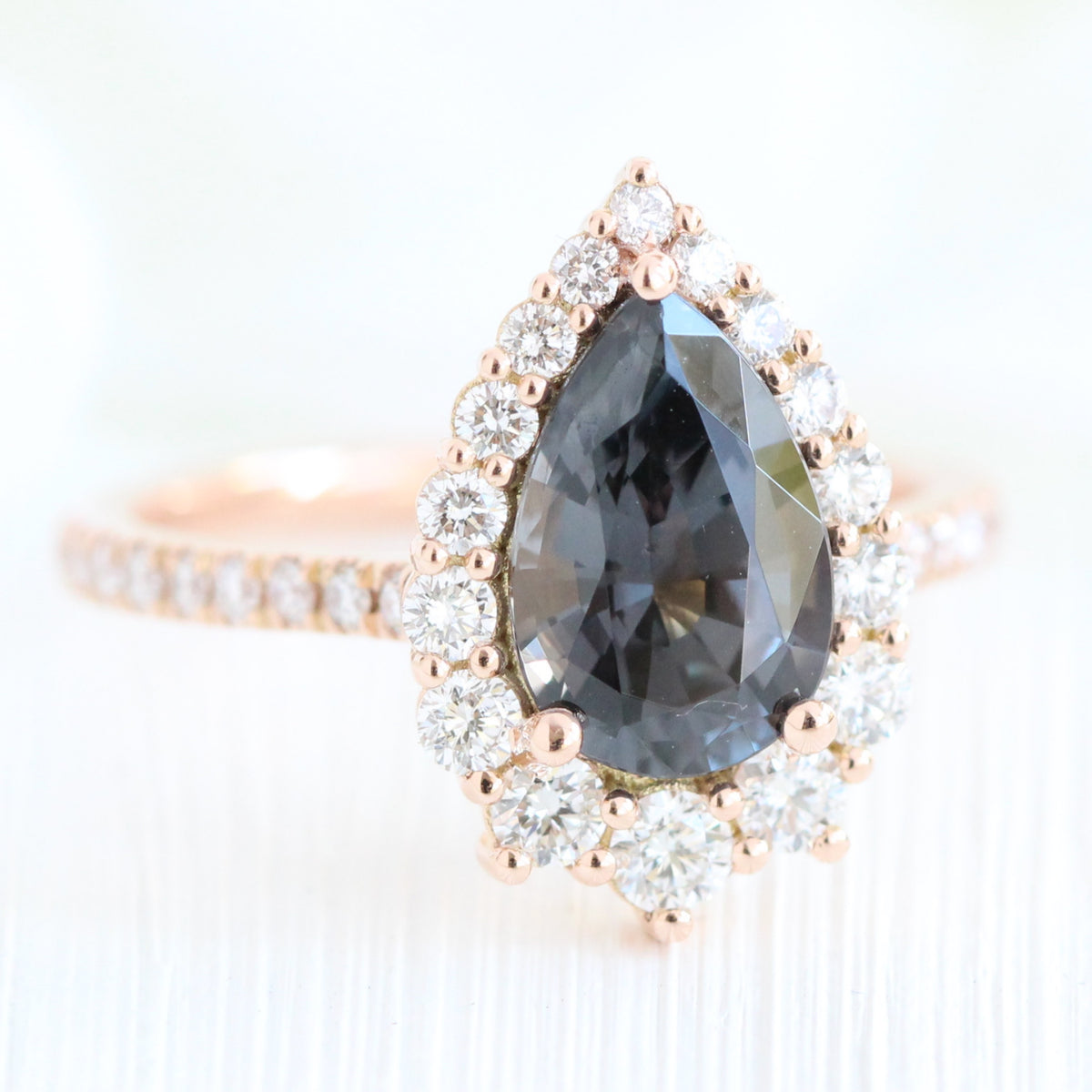 large pear grey spinel ring rose gold halo diamond engagement ring la more design jewelry