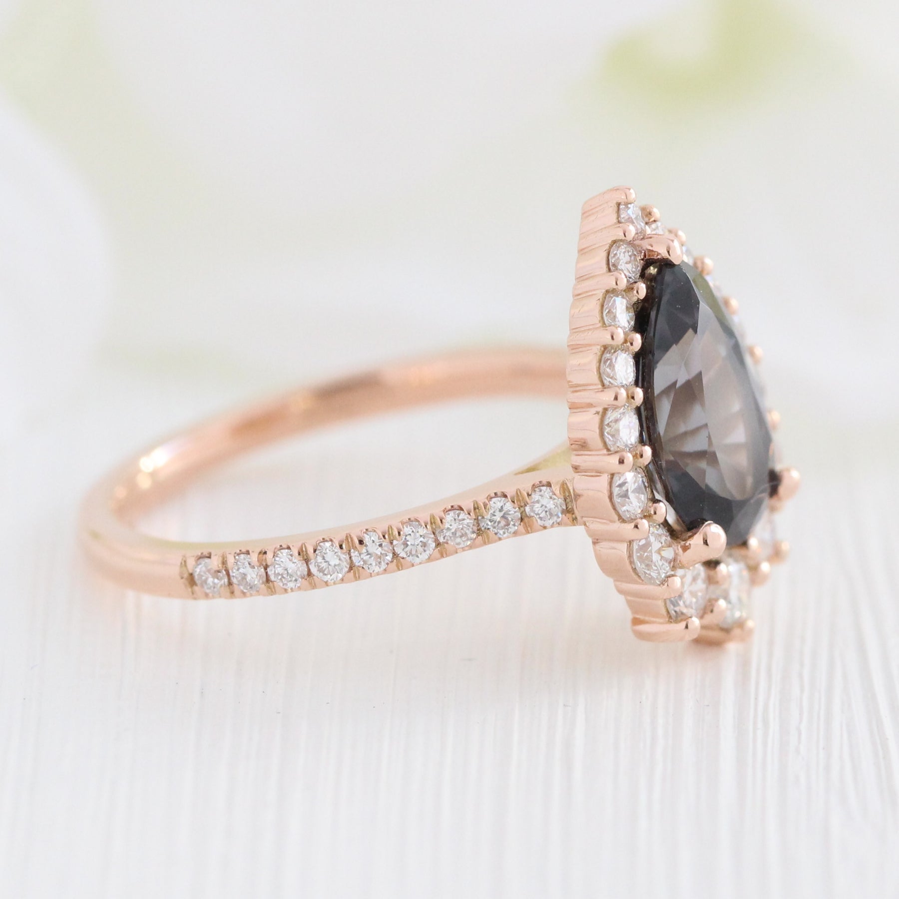 large pear grey spinel ring rose gold halo diamond engagement ring la more design jewelry