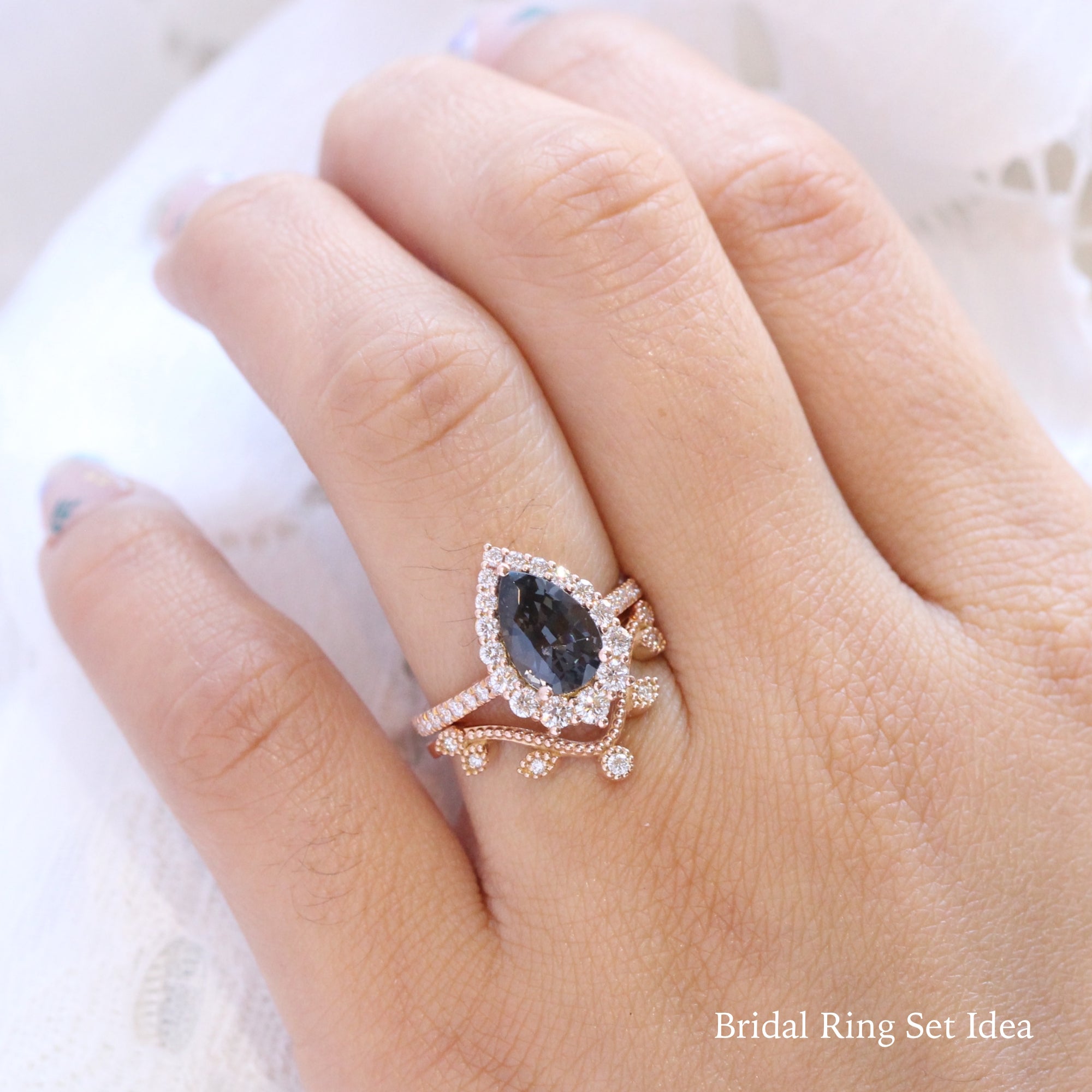 large pear grey spinel ring rose gold halo diamond engagement ring stacking ring bridal set la more design jewelry
