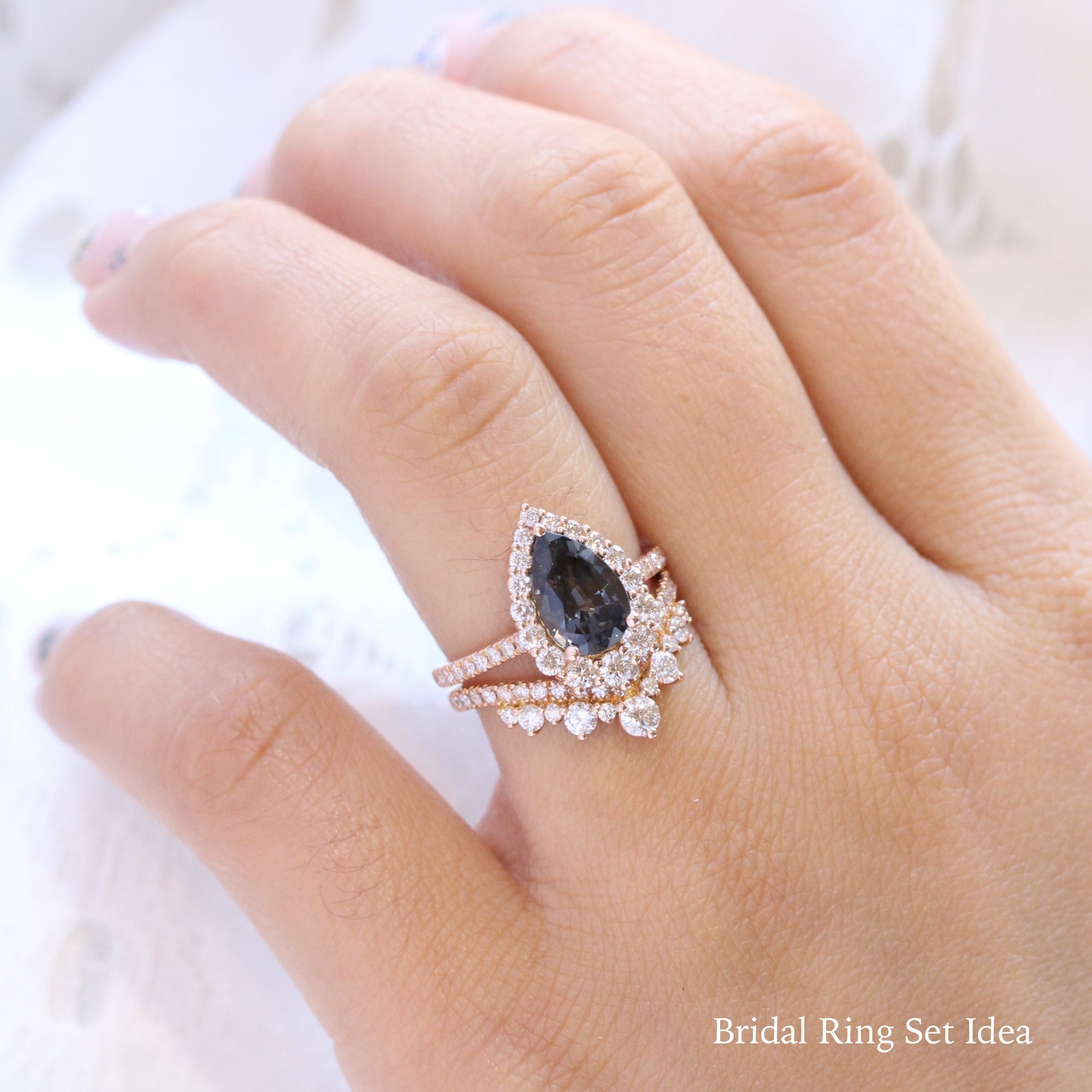large pear grey spinel ring rose gold halo diamond engagement ring stacking ring bridal set la more design jewelry