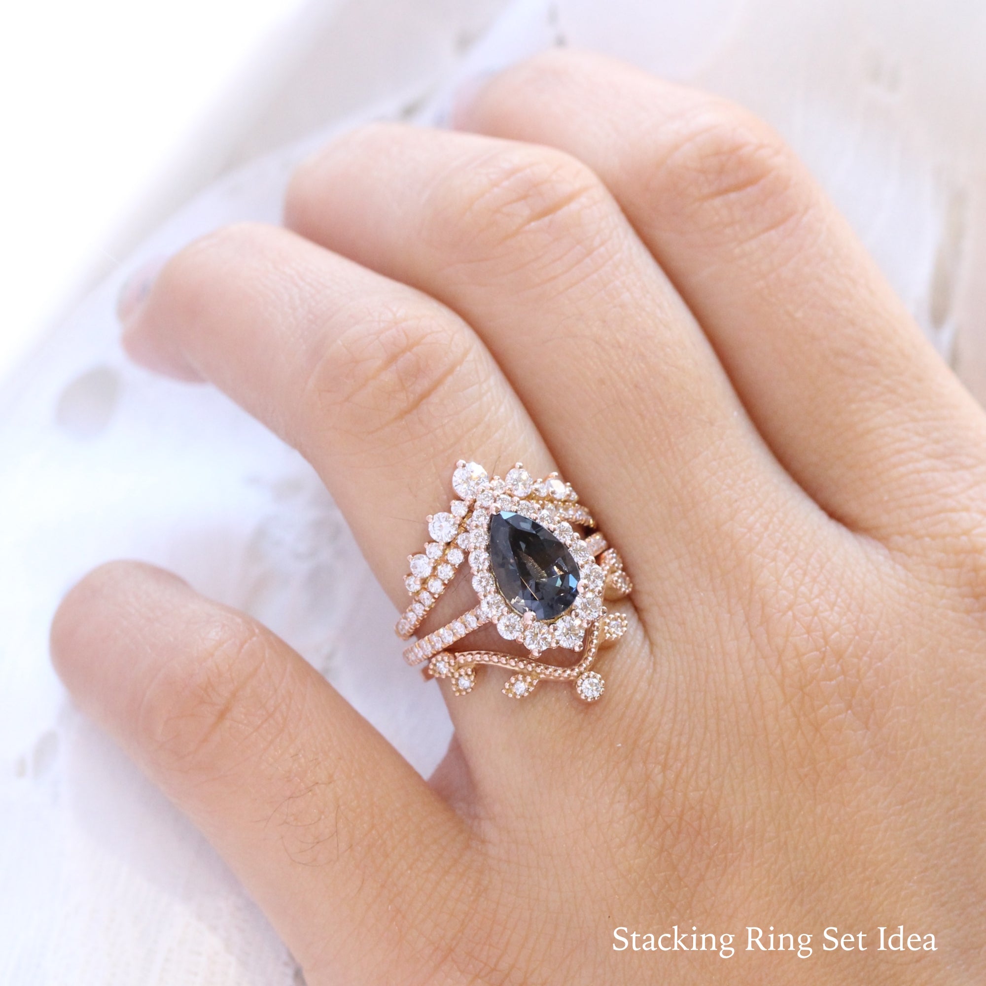 large pear grey spinel ring rose gold halo diamond engagement ring stacking ring bridal set la more design jewelry