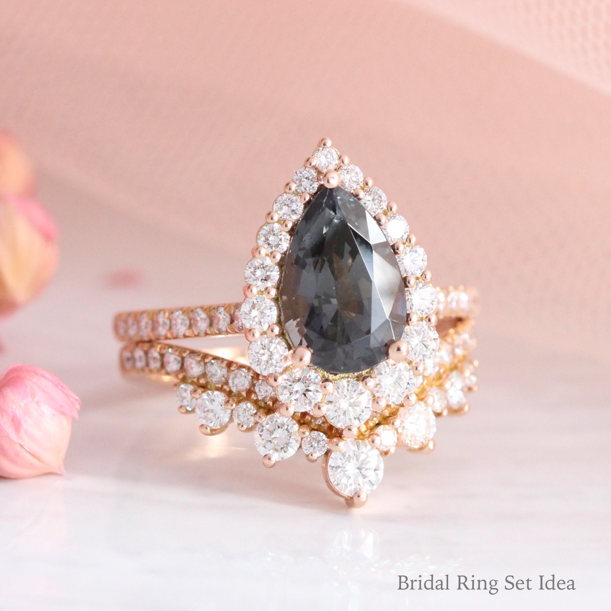 large pear grey spinel ring rose gold halo diamond engagement ring stacking ring bridal set la more design jewelry