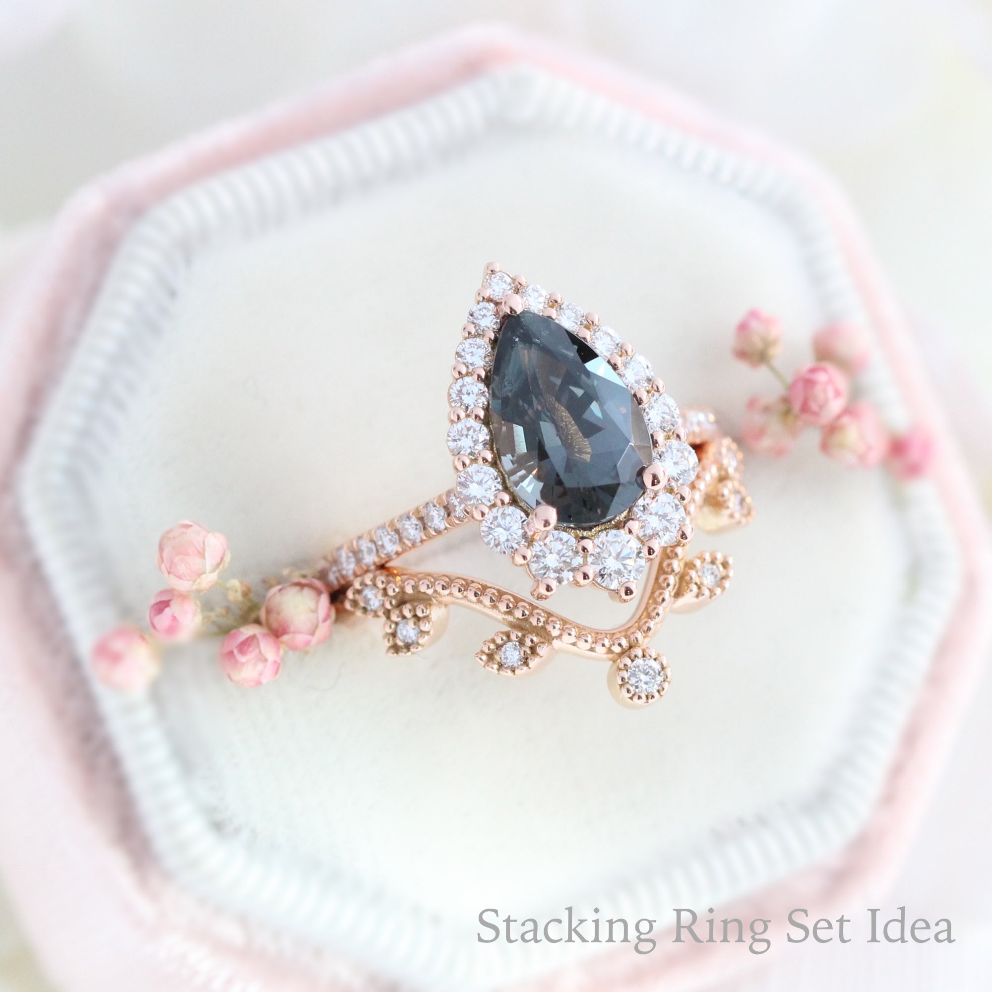 large pear grey spinel ring rose gold halo diamond engagement ring stacking ring bridal set la more design jewelry