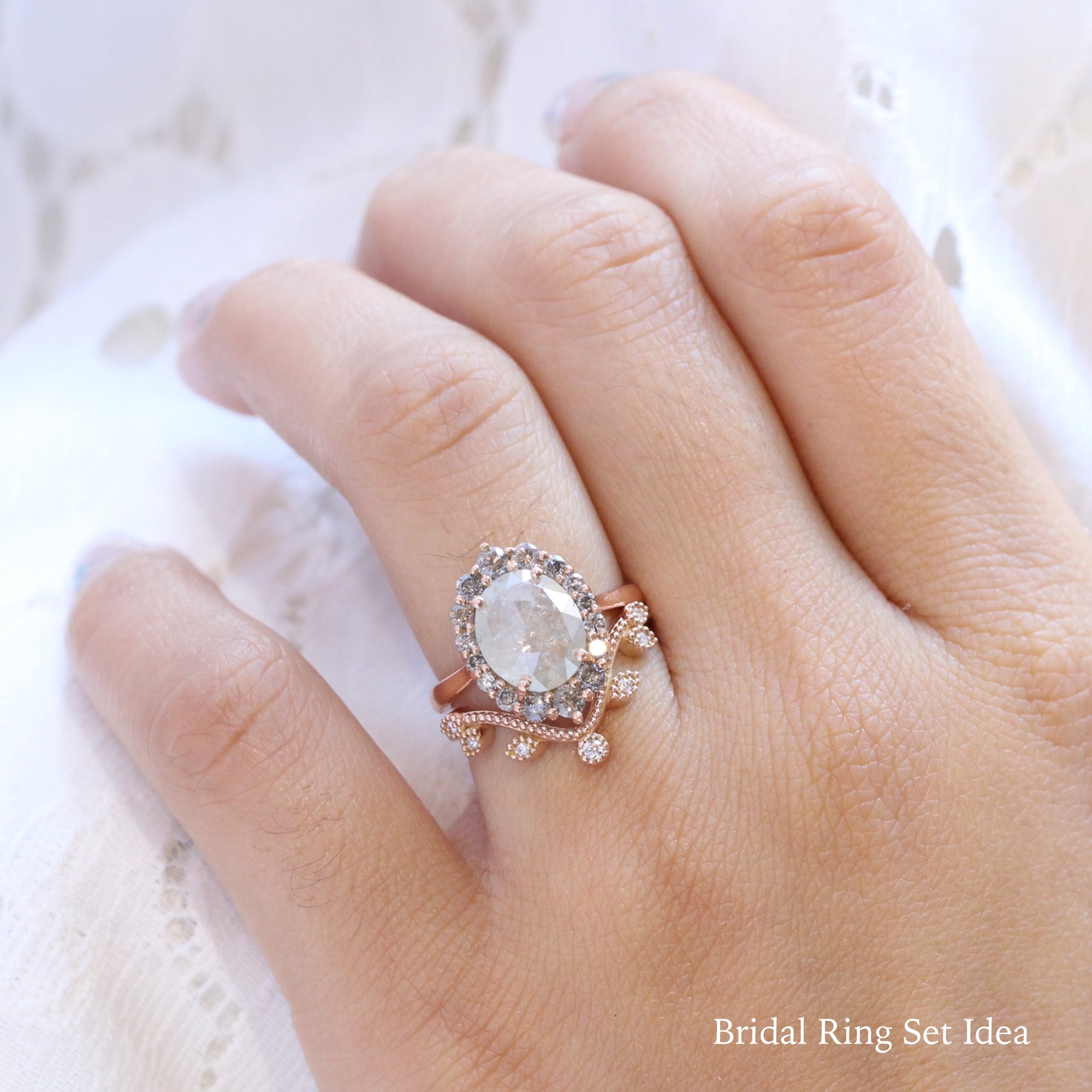 large salt and pepper diamond ring rose gold grey diamond ring halo diamond engagement ring bridal set la more design jewelry