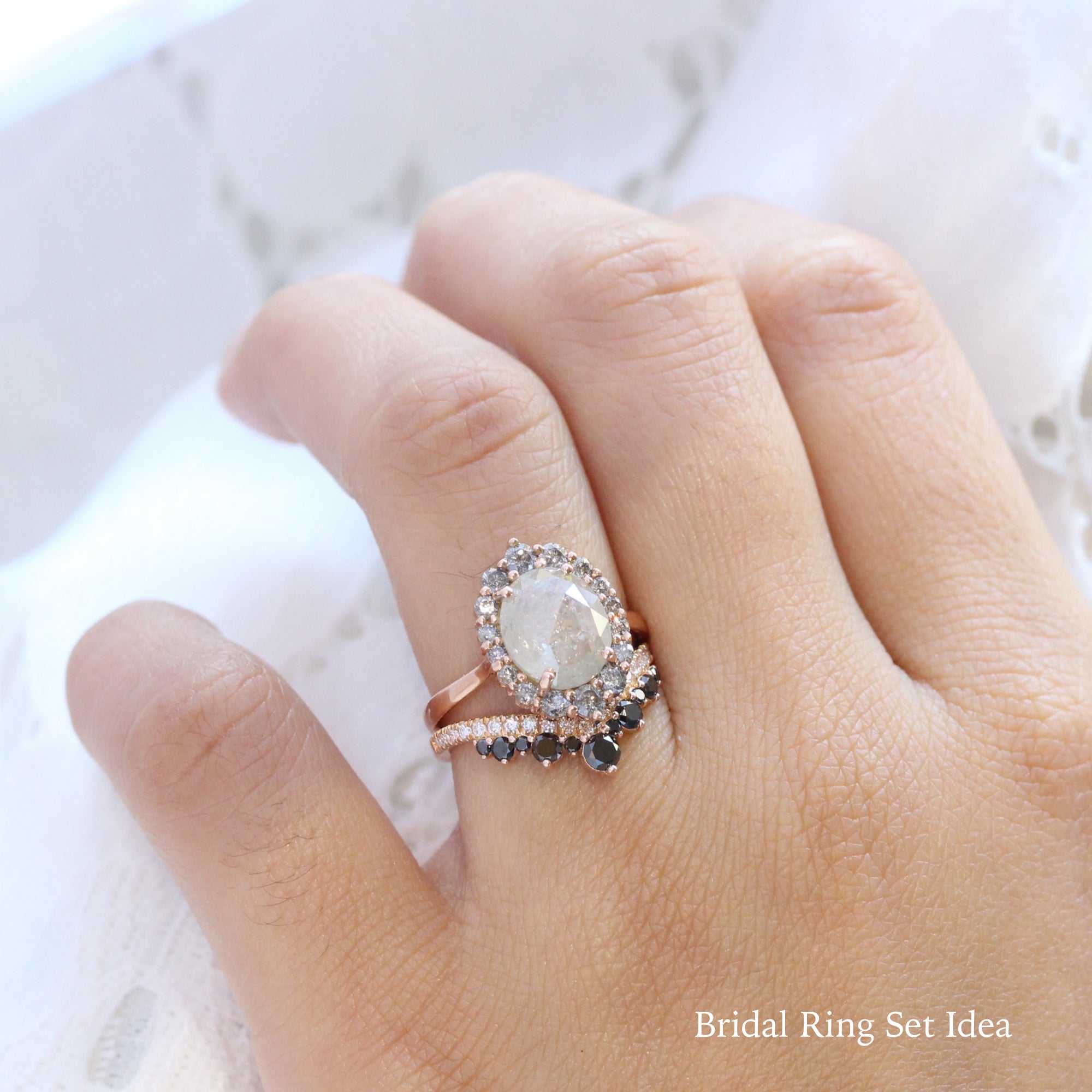 large salt and pepper diamond ring rose gold grey diamond ring halo diamond engagement ring bridal set la more design jewelry