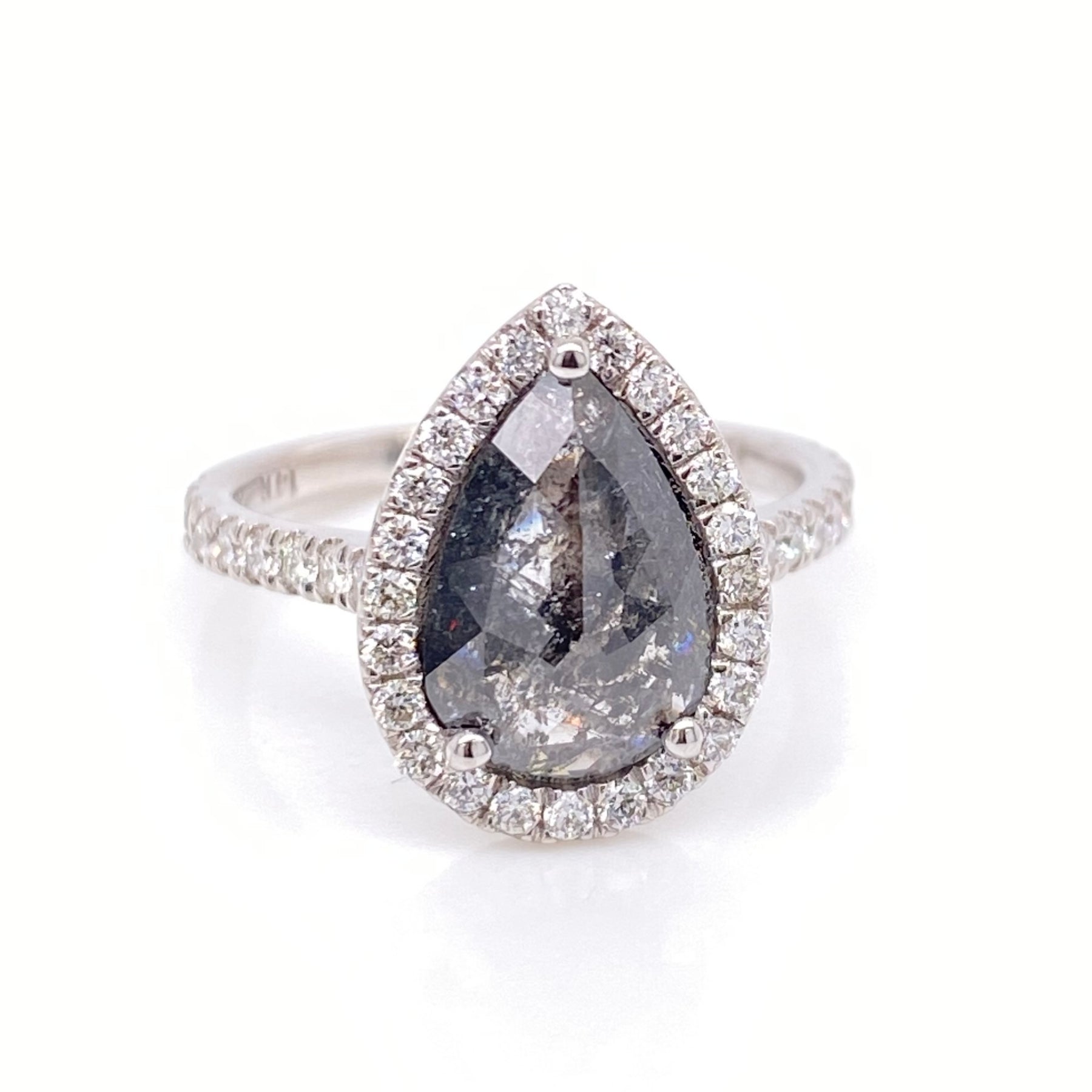 large salt and pepper diamond white gold halo diamond ring
