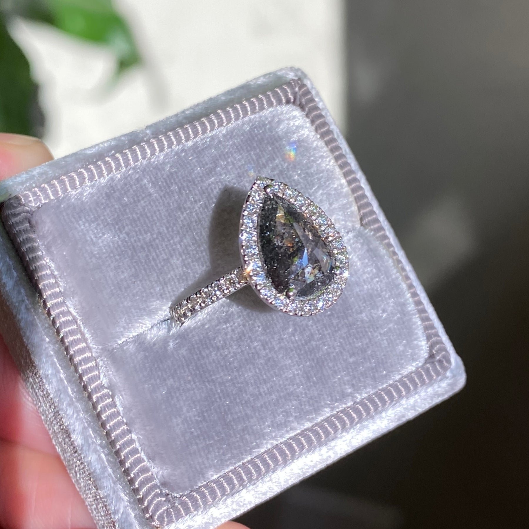 large salt and pepper diamond white gold halo diamond ring