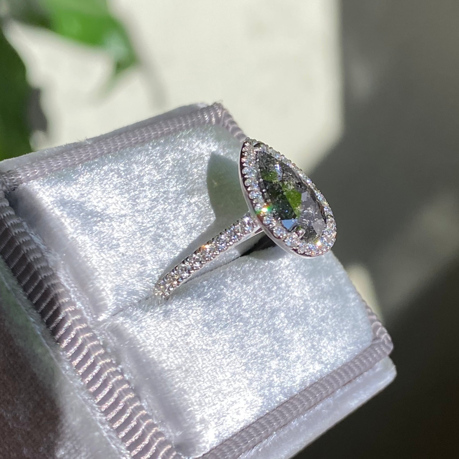 large salt and pepper diamond white gold halo diamond ring