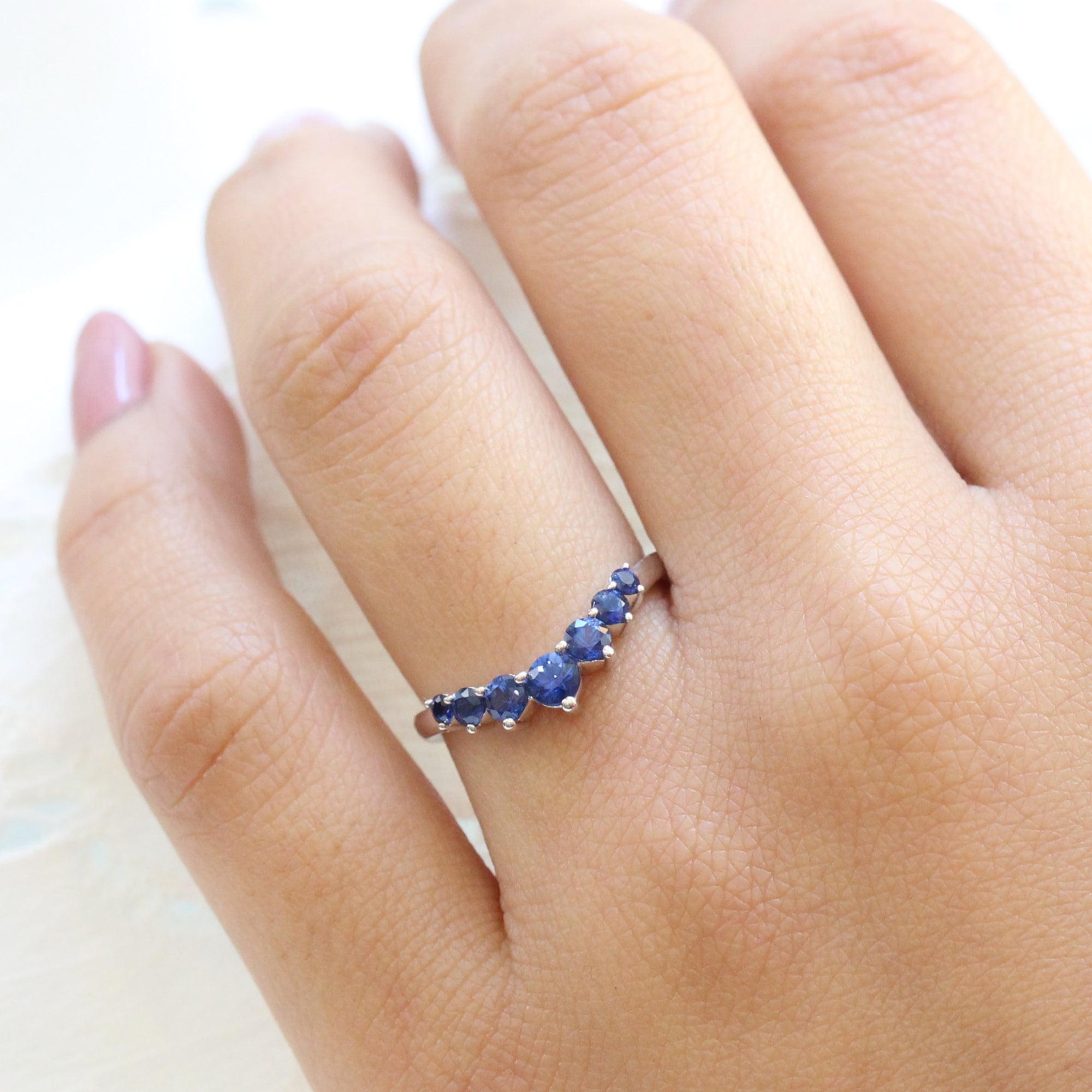 Large 7 Sapphire Wedding Ring in White Gold U Shaped Band
