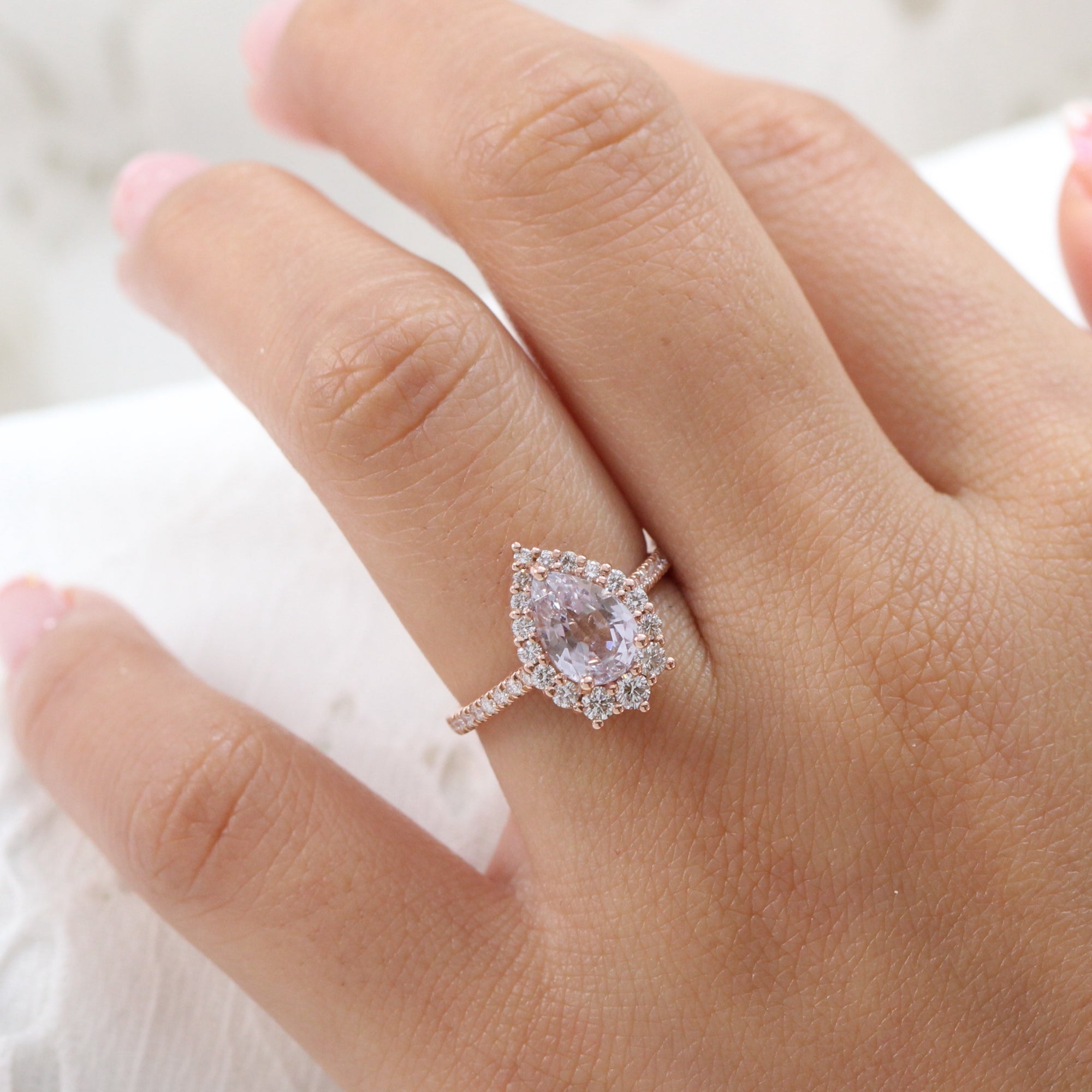 lavender sapphire ring rose gold halo diamond pear ring la more design jewelry