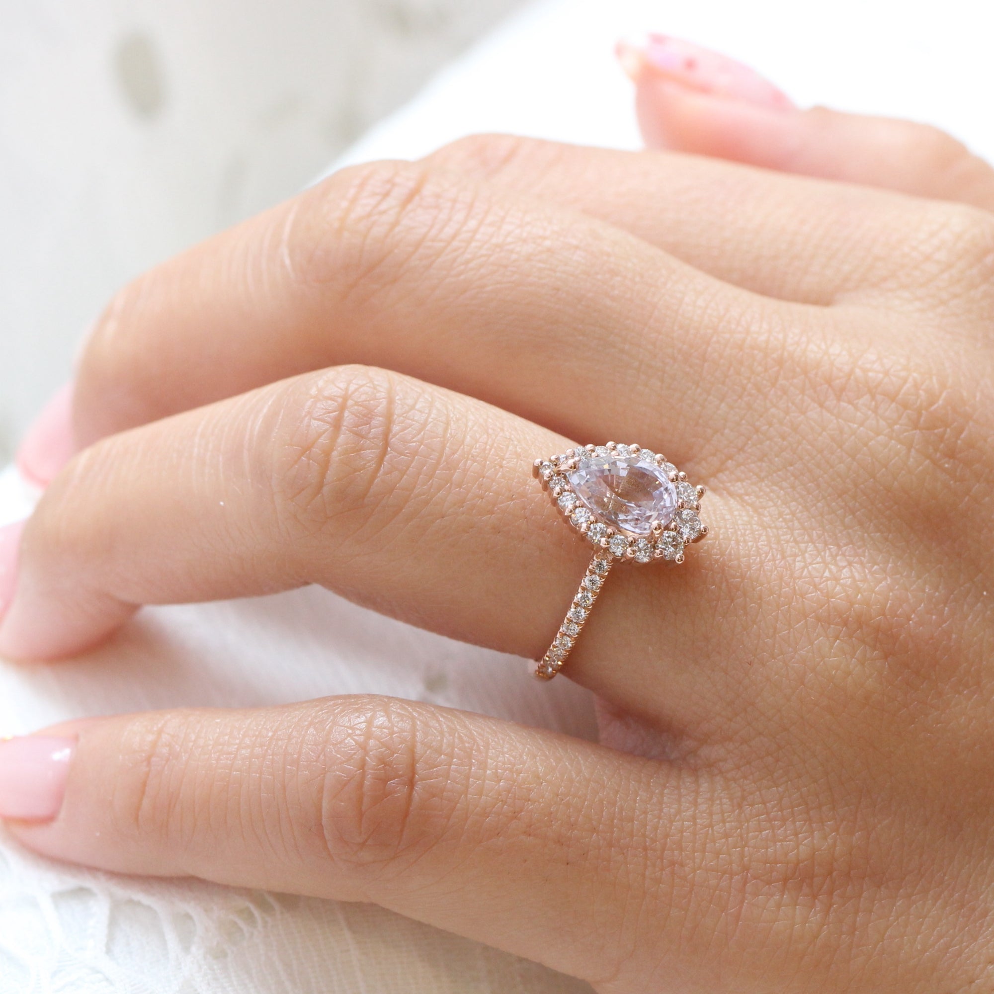 lavender sapphire ring rose gold halo diamond pear ring la more design jewelry