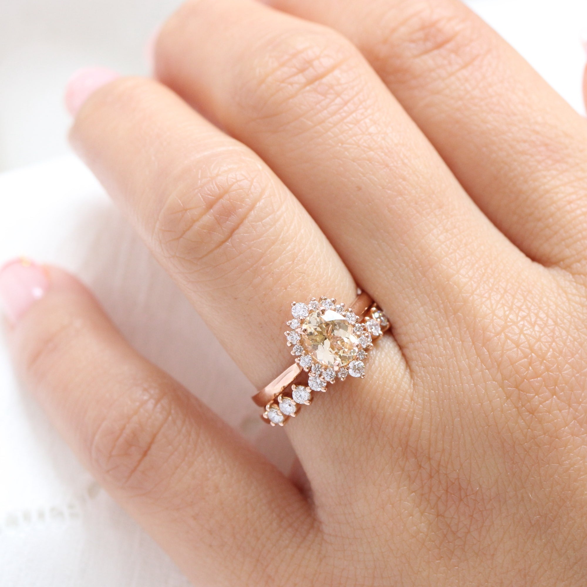 light champagne sapphire ring rose gold halo diamond ring la more design jewelry